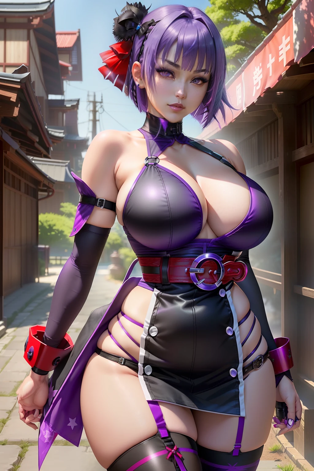 ((Ayane from dead or alive series)) (beautiful face)(big glowing eyes)(red lips) (((short straight purple hair))) ((very huge breasts) (perfect slim body) (wears short tight black shoulderless dress with purple and red ornament), (shinnobi gauntlets, stocking, big red fabric belt around waist) (posing sexy alongside sakura garden) (high definition, amazing lights and shadows) ((masterpiece)) (8k) (perfect face) (ultra details) (perfect hands, eyes, and face)