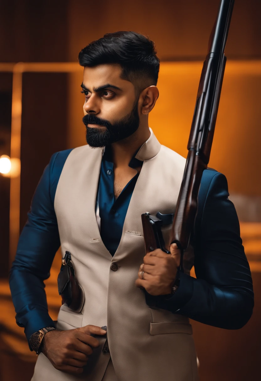 Virat kohli holding a shotgun suit , real , aesthetic,