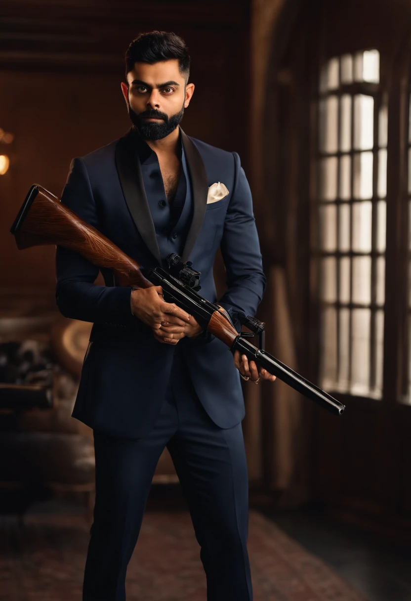 Virat kohli holding a shotgun suit , real , aesthetic,