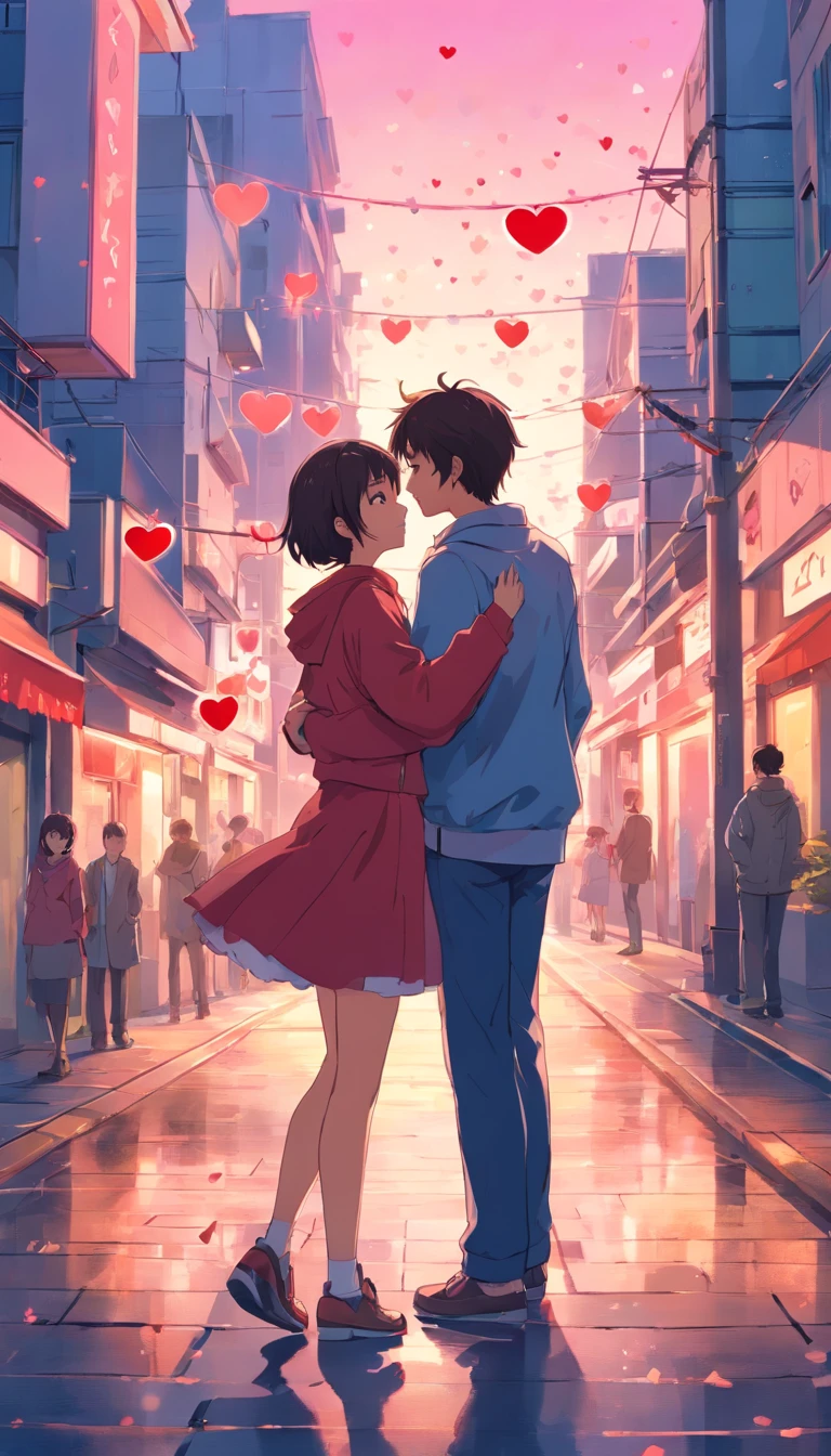 Design a simple Valentine's Day design with the word love, Transparent background, Elements of love,Composition of the shape of the heart of love,Boys and girls intertwined,Modern fashion clothes,Simple town as a background