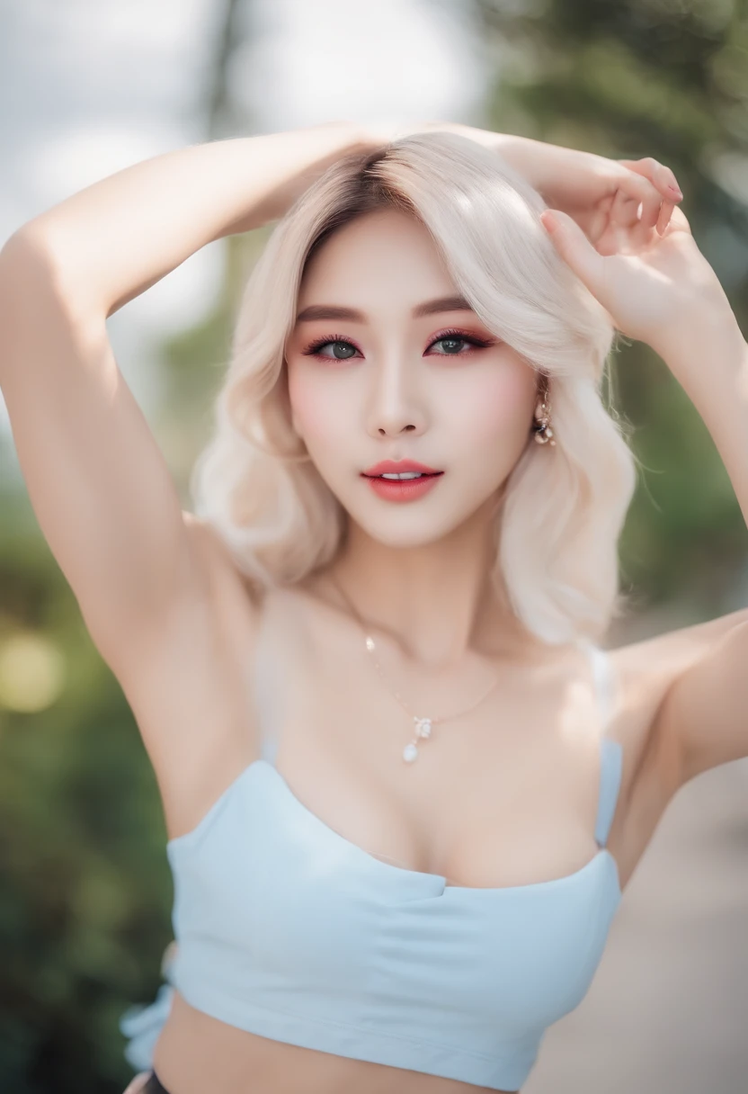 beautiful skinny korean blonde with muscular abs and light blue contact lenses wearing sexy deep neckline white mini tube top and white low waist micro skirt and pink belt, she have a nose piercing and wears candy color makeup, thin eyebrows, small breast implants, kawai makeup, pink lips, pink smokey eyes makeup, tongue out of her mouth, left eye winks, left hand making peace sign