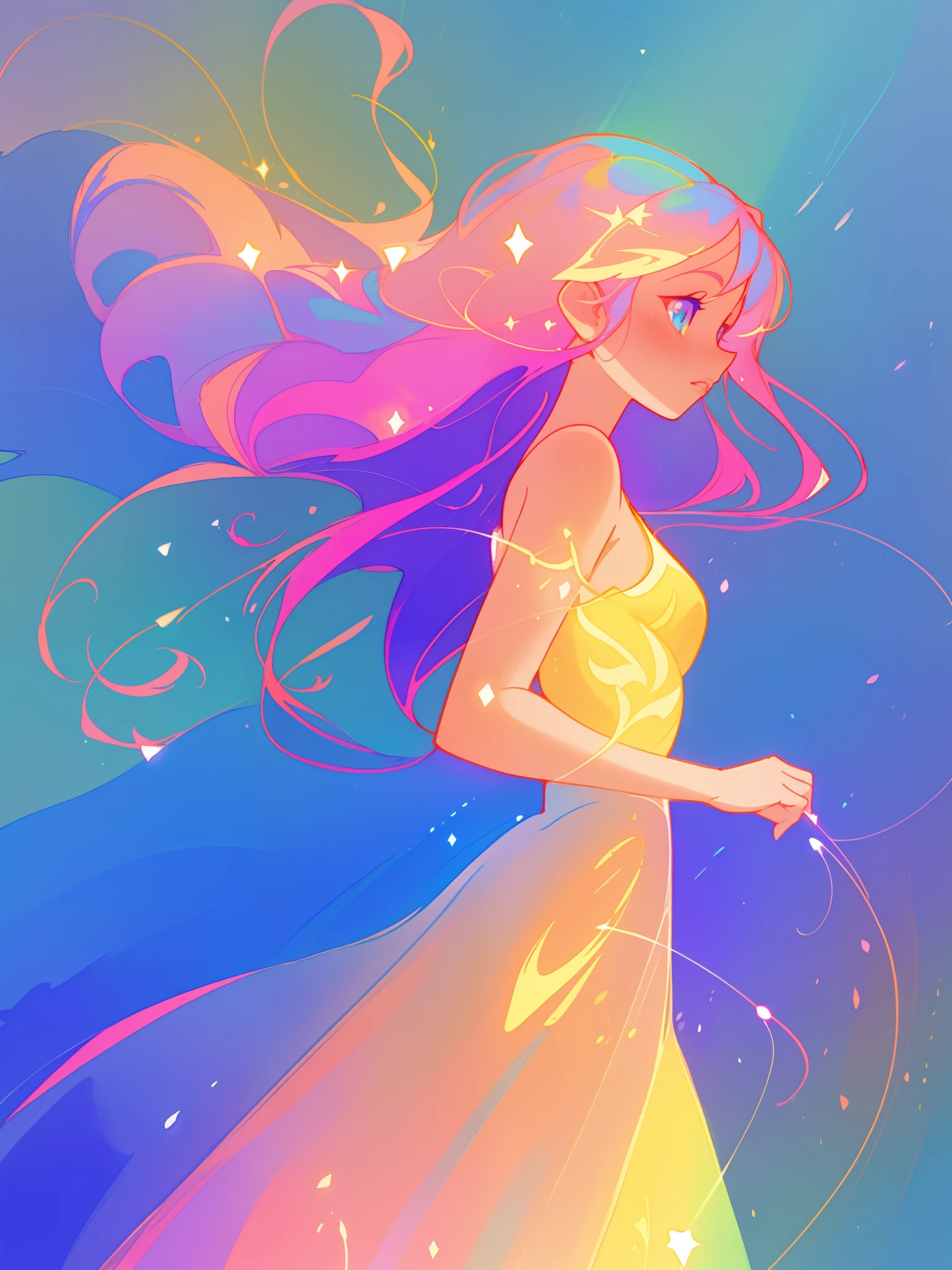 beautiful anime girl in colorful liquid dress, vibrant pastel colors, (colorful), magical lights, sparkling lines of light, inspired by Glen Keane, inspired by Lois van Baarle, disney art style, by Lois van Baarle, glowing aura around her, by Glen Keane, jen bartel, glowing lights! digital painting, flowing glowing hair, glowing flowing hair, beautiful digital illustration, fantasia background, whimsical, magical, fantasy, beautiful face, ((masterpiece, best quality)), intricate details, highly detailed, sharp focus, 8k resolution, sparkling detailed eyes, liquid watercolor