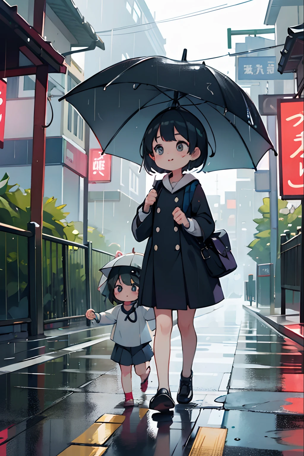 Photo of parent and holding umbrella on rainy day、Umbrellas are great、bustup、Eye Up、The road surface is wet、She enjoys the rain