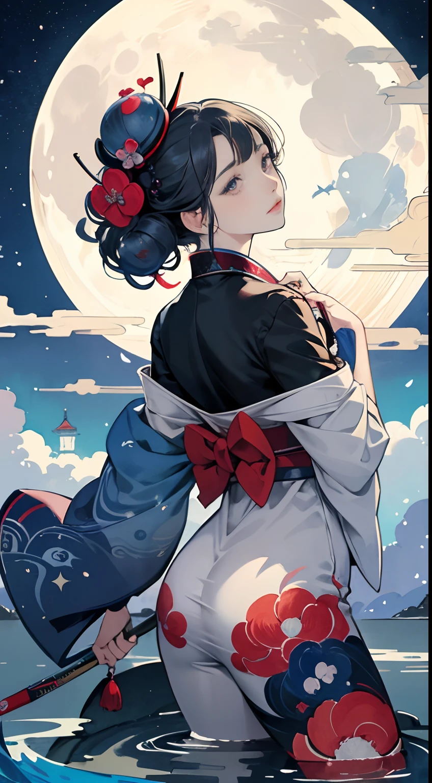 Watercolor, Anne Anderson, Charles Robinson, Hiroshige, Katsushika Hokusai, Japanese Anime, Surreal Mysterious Weird Fantastic Fantasy Sci-fi, Moon drowning in the night pool, solo beautiful perfect voluminous body girl, helping Moon, detailed, high resolution definition quality masterpiece