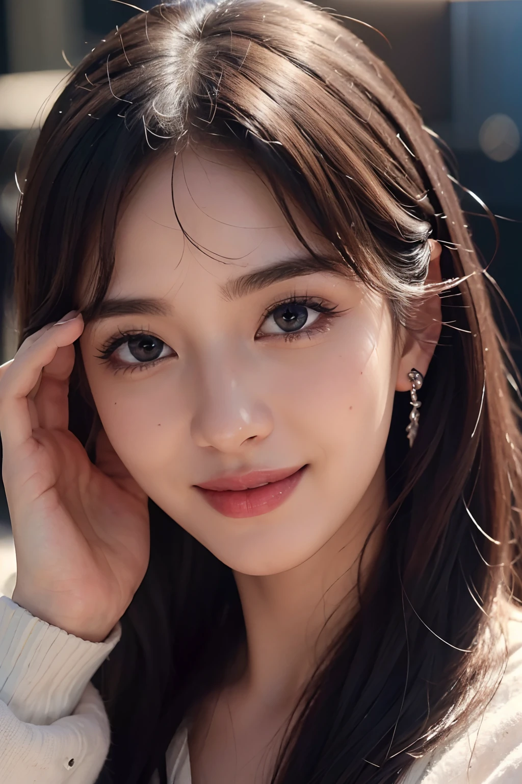 (best quality,4k,8k,highres,masterpiece:1.2),ultra-detailed,realistic,beautiful woman,detailed eyes,detailed lips,extremely detailed face,long eyelashes,high-end shopping mall,latest fashion items,happy smile,peace sign,vivid colors,studio lighting