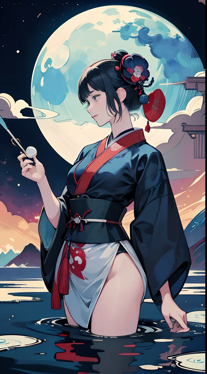 Watercolor, Anne Anderson, Charles Robinson, Hiroshige, Katsushika Hokusai, Japanese Anime, Surreal Mysterious Weird Fantastic Fantasy Sci-fi, Moon drowning in the night pool, solo beautiful perfect voluminous body girl, helping Moon, detailed, high resolution definition quality masterpiece
