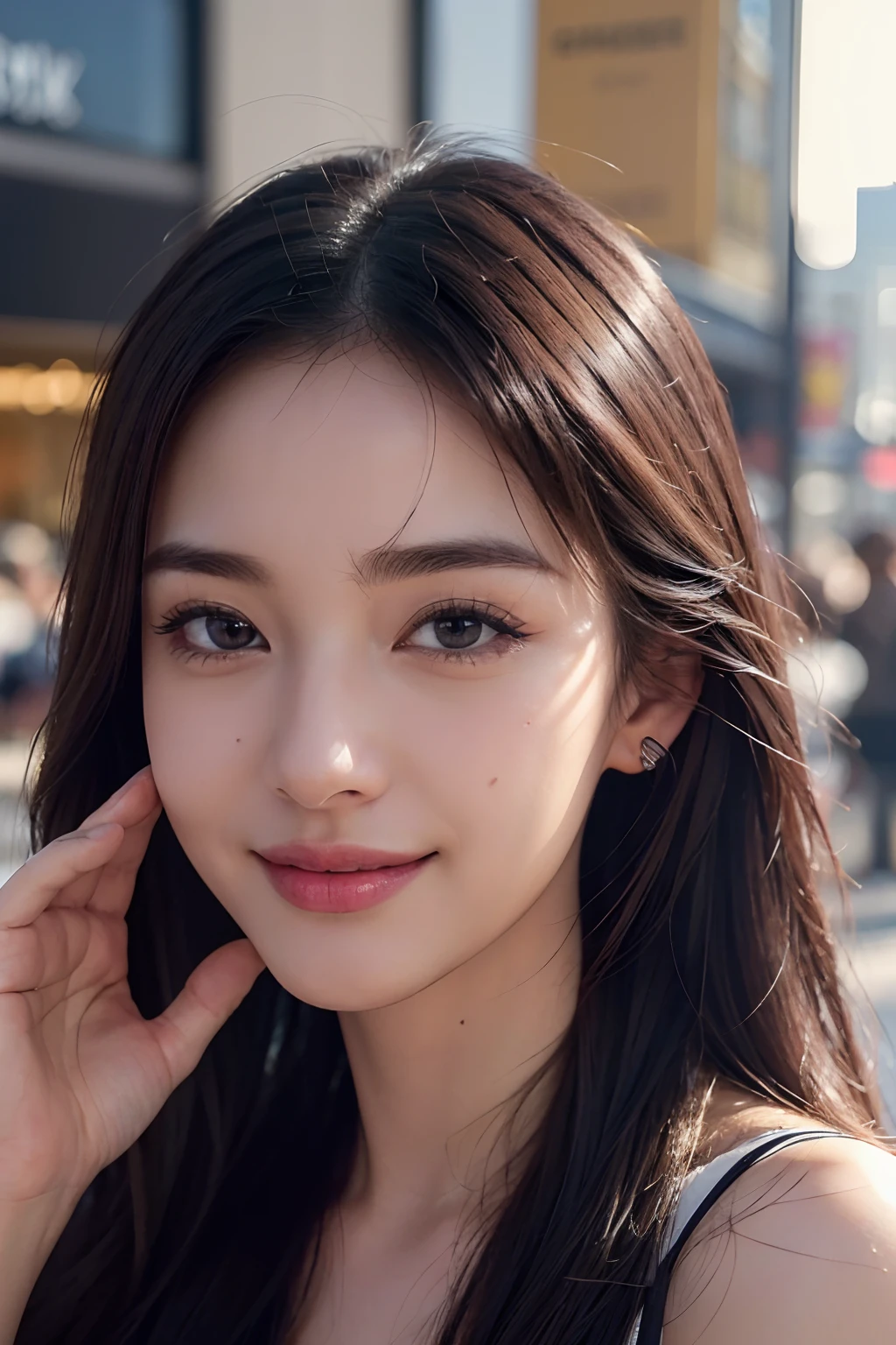 best quality, masterpiece, ultra high res, photorealistic, 1girl, offshoulder, smile