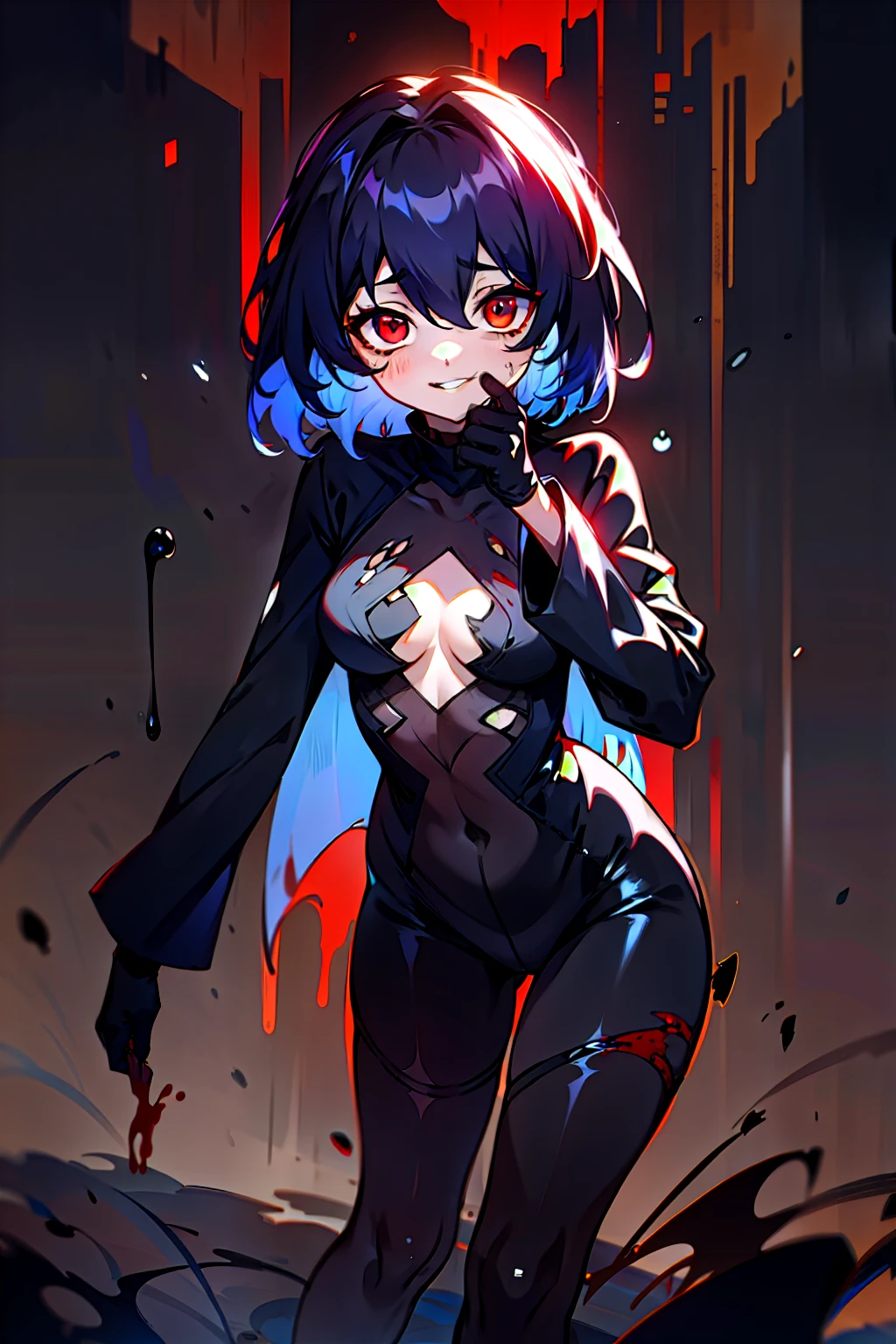 bangs, Blue hair,Wear socks,Blackened,Wrapped in black slime,A sad expression,Say goodbye to the gaze,Red coat,long eyelasher, solid circle eyes, Light smile,onesie,Venom possession,Blackened,Long blue gloves,Jumpsuits, black lence stockings,Chiaroscuro, Ray tracing, Cinematic lighting, 1girll, 独奏, standing on your feet, hair adornments, Red eyes, Heartless expression, blood stain, terroral, Simetall,Red eyes,Blackened,long black gloves,Jumpsuits,Skinny one-piece stockings,Highlight her gorgeous figure,Wrap the whole body,onesie,Red eyes,Venom possession,Clear black stockings,long black gloves,Jumpsuits,Black one-piece stockings,Blood-red eyes,Best quality, high resolution, Ultra-detailed, Vivid texture, Mask, bangs,Wear socks,Tears,Wrapped in black slime,Sexual sexy, Black tunic, self-assured, Smile, Expressive eyes, collofull eyes, Dark background, abstract backgrounds, Contrast, Shadows, Masterpiece, Digital art, Glowing eyes, Intimidating, corrupted,((horror theme)),A blue-haired girl,Bleeding