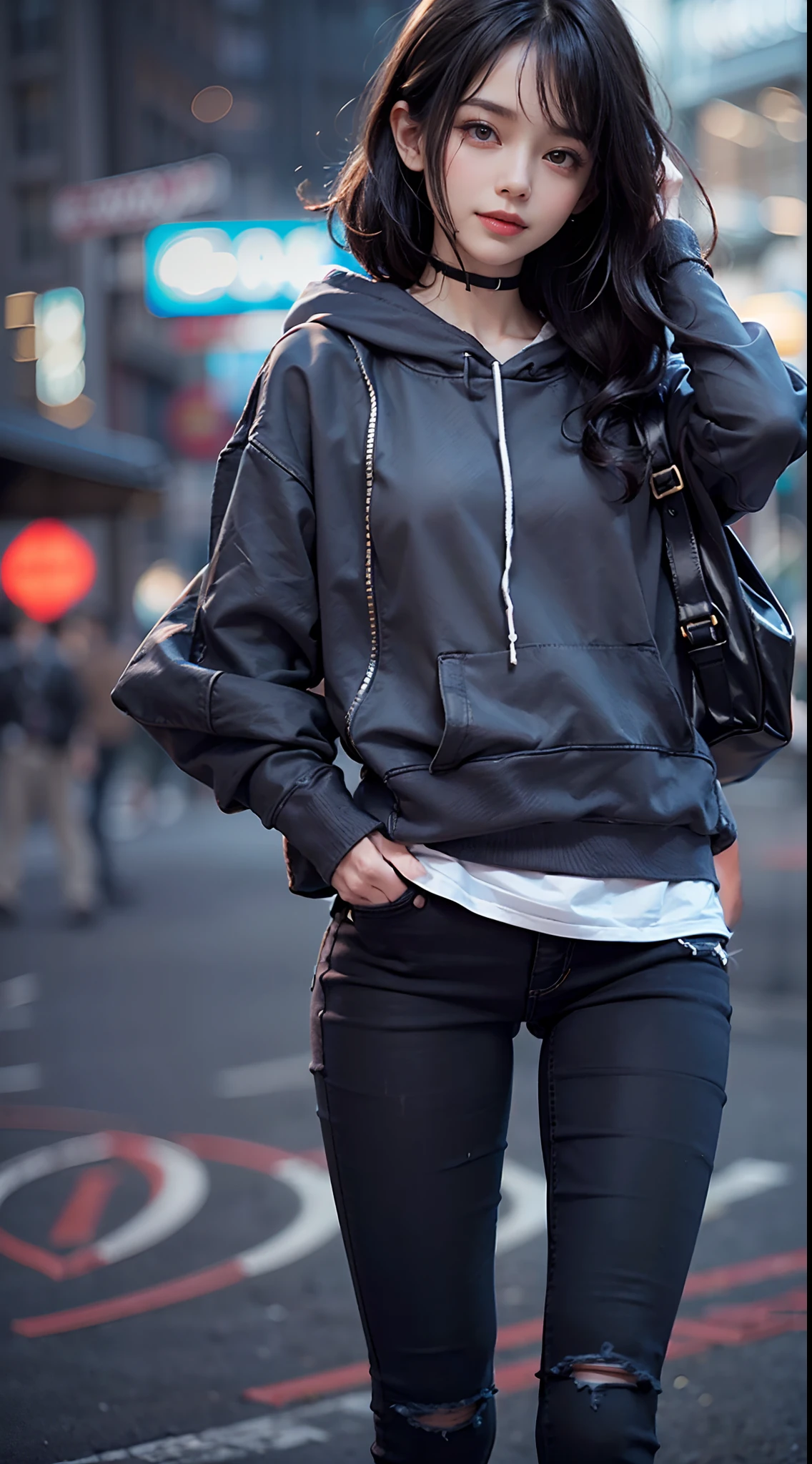 ((Black skinny long jeans)), ((Sweatshirt)), A city scape, (NSFW), 1womanl, Solo, 24 year old, 7headed body, (cute face), (Ideal ratio body proportions), (Composition from head to thigh), Smiling smile, erectile nipple, Sexy body, Wet, short-hair, Dark hair, small tits, A slender, Small buttocks, beauty legs, Skinny Legs, surrealism, Cinematic lighting, depth of fields, One-person viewpoint, F/1.8, 135 mm, nffsw, masutepiece, ccurate, ((Anatomically correct)), Textured skin, Super Detail, high details, High quality, awardwinning, Best Quality, hight resolution, 8K