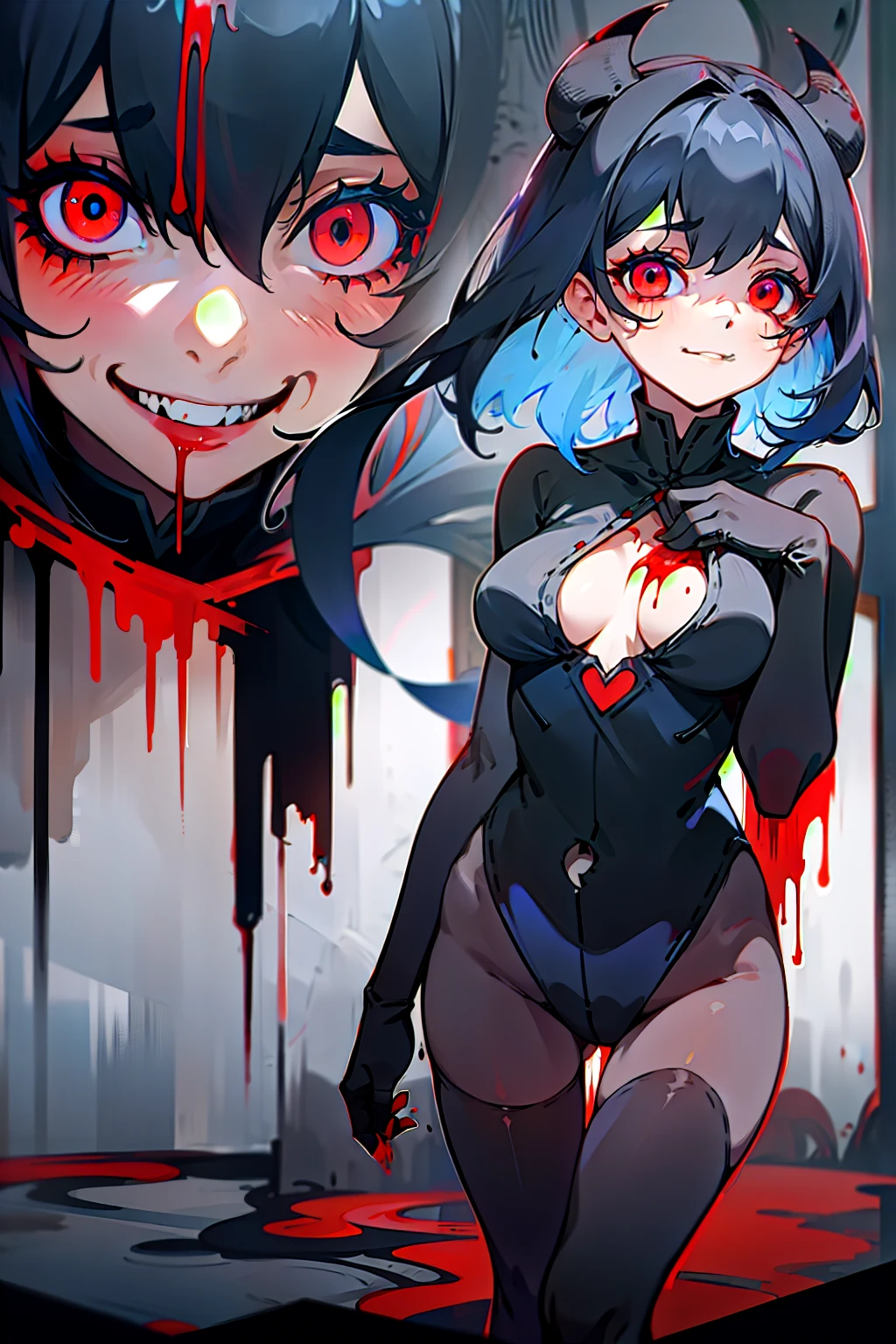 bangs, Blue hair，Wear socks，Blackened，Wrapped in black slime,A sad expression,Say goodbye to the gaze，Red coat,long eyelasher, solid circle eyes, Light smile，onesie，Venom possession，Blackened，Long blue gloves，Jumpsuits， black lence stockings，Chiaroscuro, Ray tracing, Cinematic lighting， 1girll， 独奏， standing on your feet， hair adornments， Red eyes， Heartless expression， blood stain， terroral， Simetall，Red eyes，Blackened，long black gloves，Jumpsuits，Tight one-piece stockings，Highlight her gorgeous figure,Wrap the whole body，onesie，Red eyes，Venom possession，Clear black stockings，long black gloves，Jumpsuits，Black one-piece stockings，Blood-red eyes，Best quality, high resolution, Ultra-detailed, Vivid texture, Mask, bangs，Wear socks，Tears，Wrapped in black slime,Sexual sexy, Black tunic, self-assured, Smile, Expressive eyes, collofull eyes, Dark background, abstract backgrounds, Contrast, Shadows, Masterpiece, Digital art, Glowing eyes, Intimidating, corrupted，((horror theme)),A blue-haired girl，Bleeding