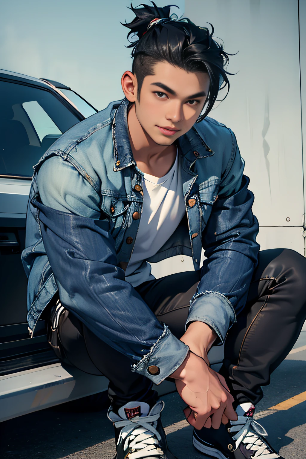 photo of faisalfahmi as 25 year old young man, round face, thin smiling lips, eyes facing the camera, wide eyes, face like an Indonesian, slightly large or flat nose, black hair with a spiky side swept hairstyle, wearing a blue jean jacket, black pants, converse shoes,
full body shot, ultra realistic, hyper realistic, 12k, very detailed