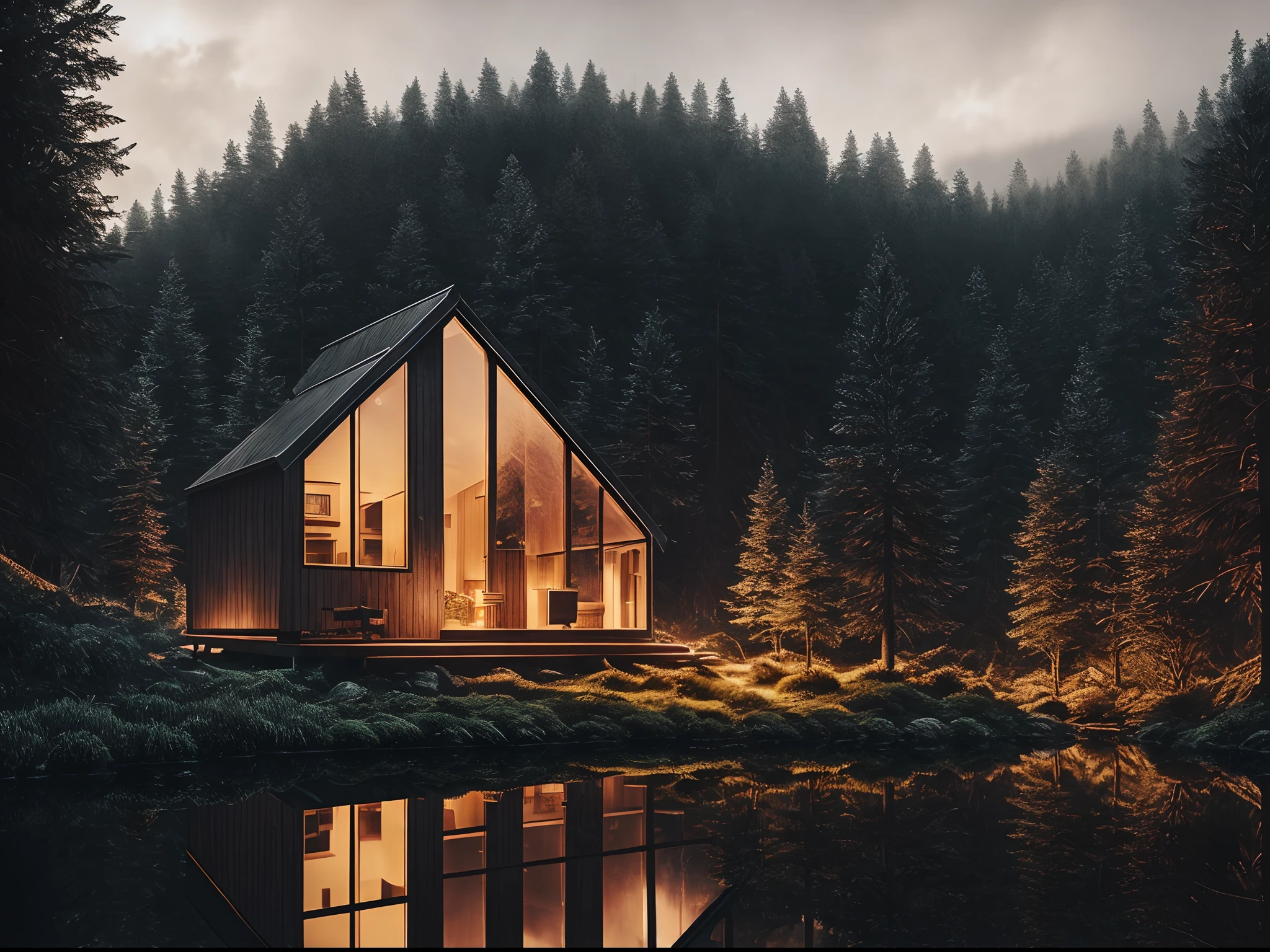 nature, epic building in the center, warm, glow at night, raw, hdr, (tiny little glsass house in the forest, reflections, raytracing:1.3), cinematic, slate grey, dramatic light, architecture