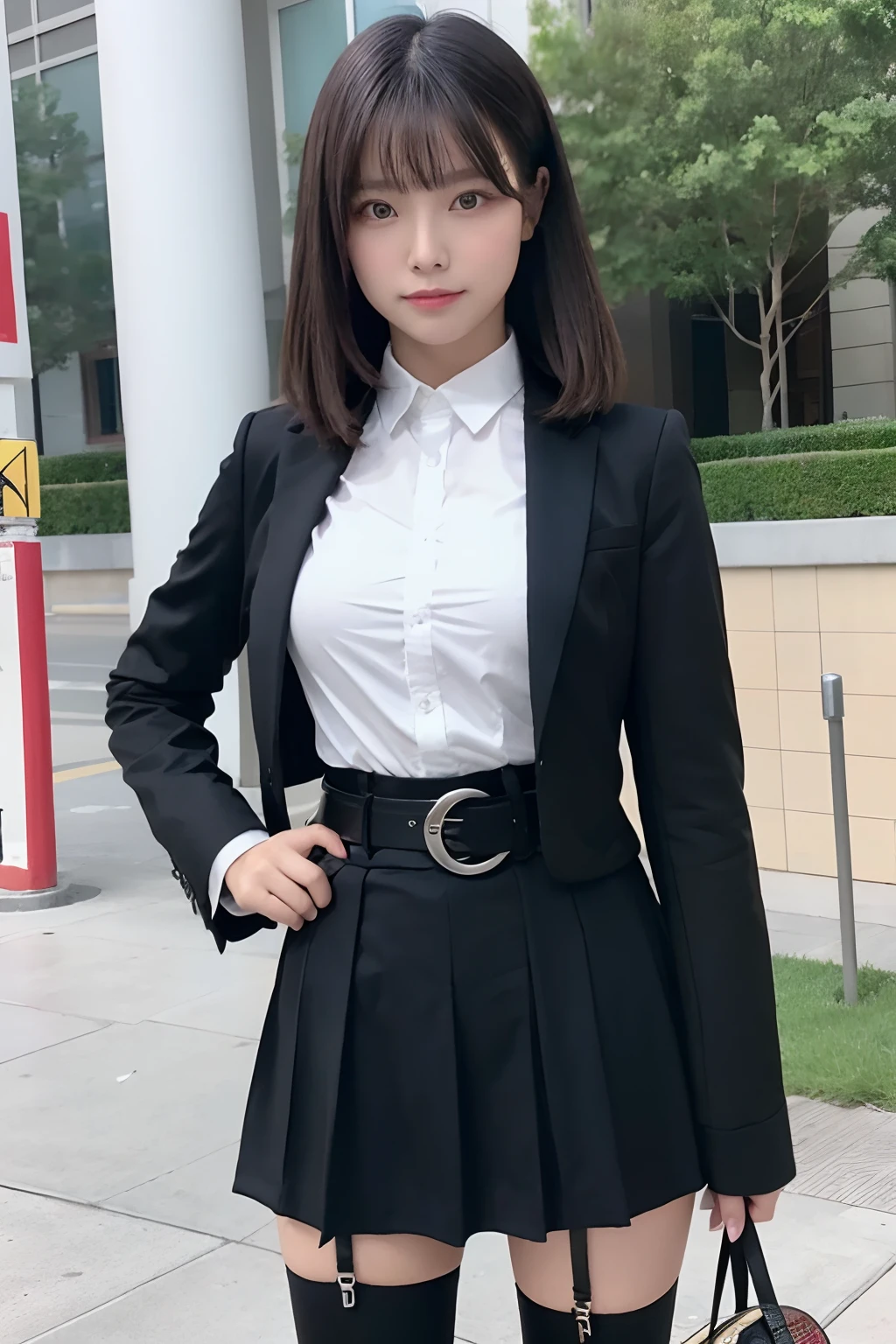 masterpiece、top-quality、The ultra -The high-definition、、colourfull、flat-colors、depth of fields、lens flare 1 girl、、A dark-haired、watching at viewers suits Cutter shirt a belt suspenders working adults materia OL Black Suit Black jacket glares large full breasts a miniskirt garterbelts knee high stockings Black Niso