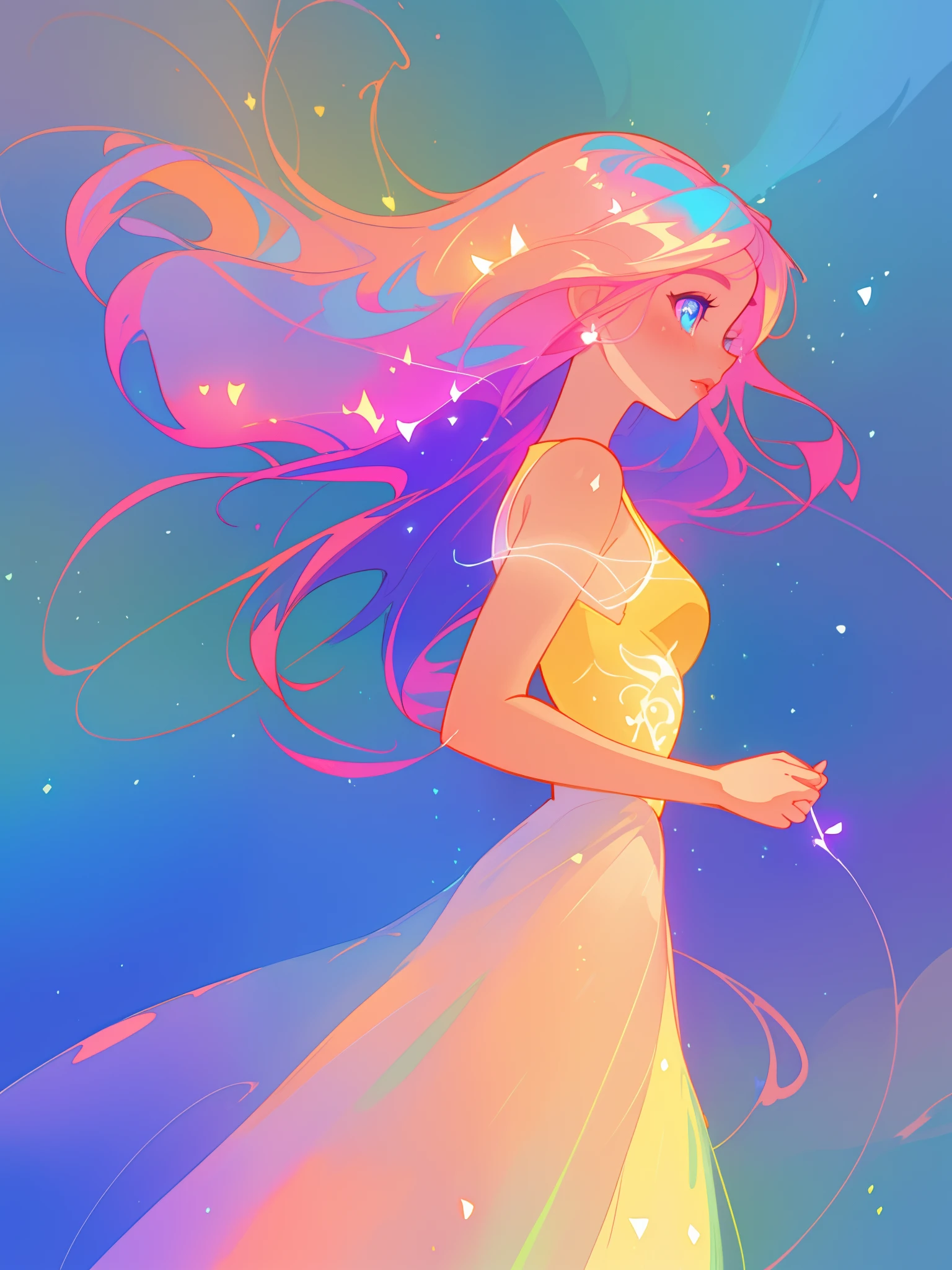 beautiful anime girl in colorful liquid dress, vibrant pastel colors, (colorful), magical lights, sparkling lines of light, inspired by Glen Keane, inspired by Lois van Baarle, disney art style, by Lois van Baarle, glowing aura around her, by Glen Keane, jen bartel, glowing lights! digital painting, flowing glowing hair, glowing flowing hair, beautiful digital illustration, fantasia background, whimsical, magical, fantasy, beautiful face, ((masterpiece, best quality)), intricate details, highly detailed, sharp focus, 8k resolution, sparkling detailed eyes, liquid watercolor