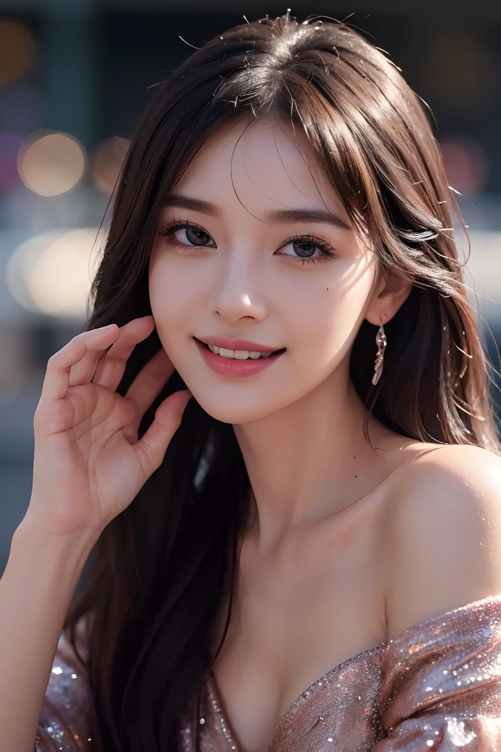 (Best Quality,4K,8K,hight resolution,masutepiece:1.2),Ultra-detailed,Realistic,Beautiful woman,Detailed eyes,Detailed lips,extra detailed face,long eyelashes,Luxury shopping malls,Latest Fashion Items,Happy smile,piece sign,Vivid colors,Studio Lighting