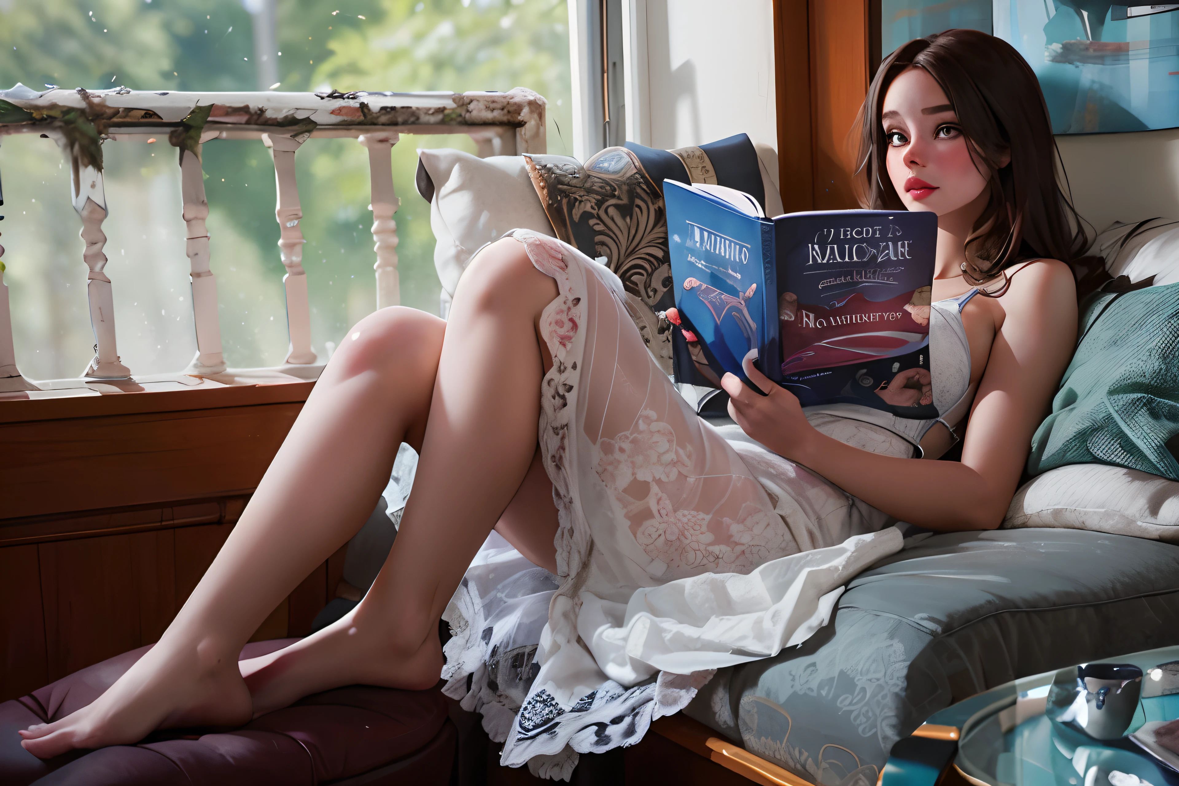 Woman sitting on a sofa reading a book in a room, Hermosa hada del libro para adultos, Dramatic reading book pose, Dramatic Reading Spellbook Pose, Leer un libro, Lectura de un nuevo libro, Plano amplio del libro de cuentos :: Disco duro, Luz matutina de verano, Toma de retrato, Medias blancas, the girl on a windowsill, Mid-morning lighting, romantic storybook fantasy, Detailed and fantasy