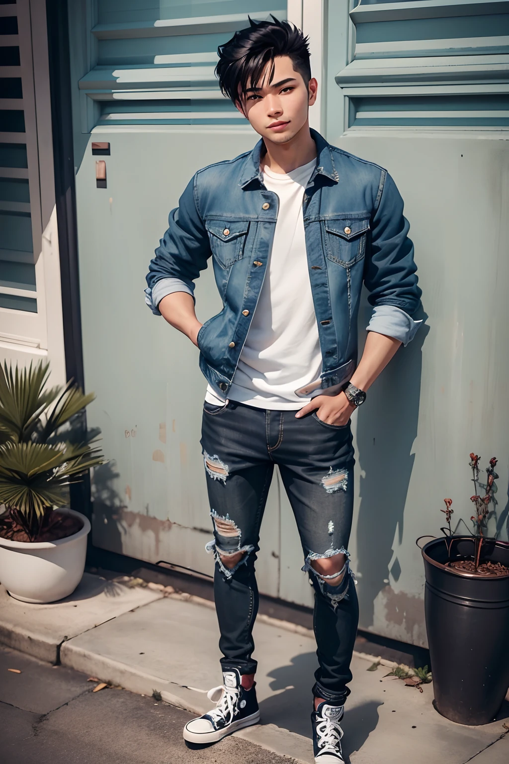 photo of a 25 year old young man, round face, thin smiling lips, eyes facing the camera, wide eyes, face like an Indonesian, slightly large or flat nose, black hair with a spiky side swept hairstyle, wearing a blue jean jacket, black pants, converse shoes,
full body shot, ultra realistic, hyper realistic, 12k, very detailed