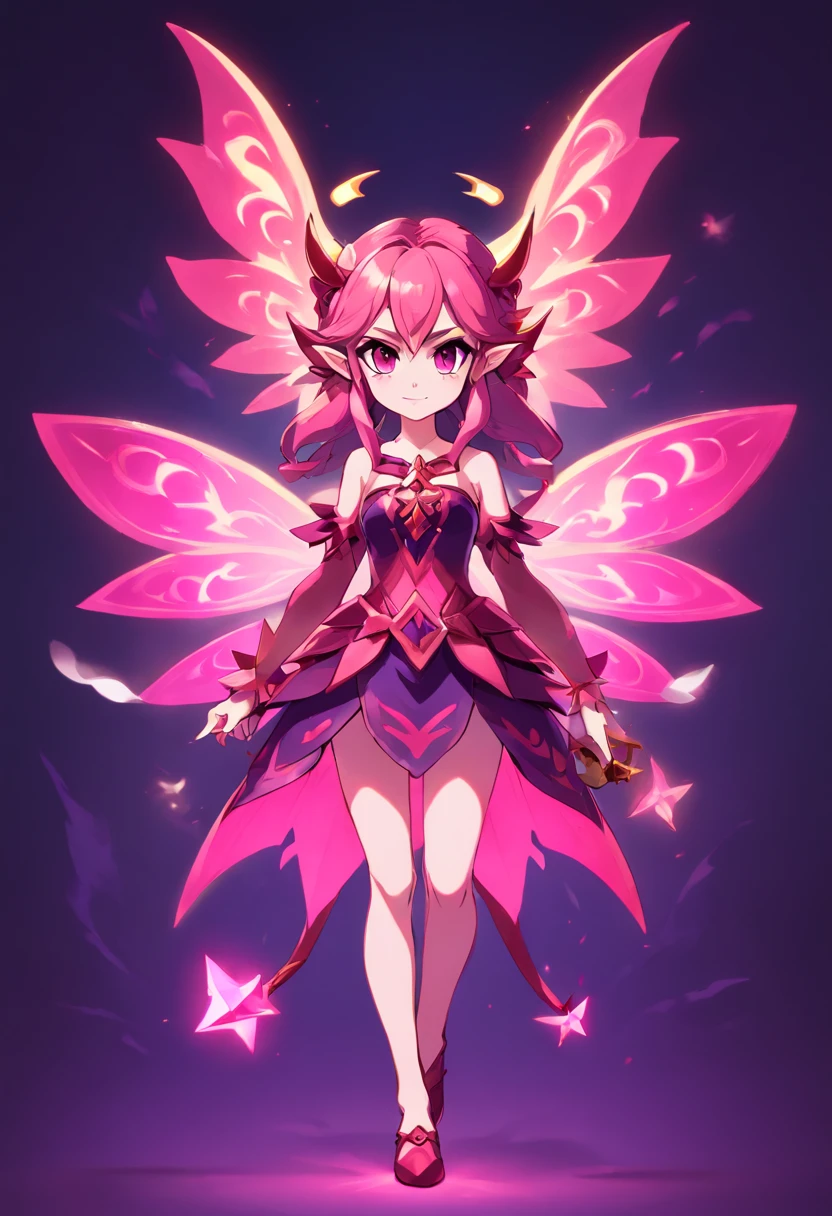 Fairy, devil-like with devil wings, all pinks and purples with glowing red eyes, masterpiece, best quality
