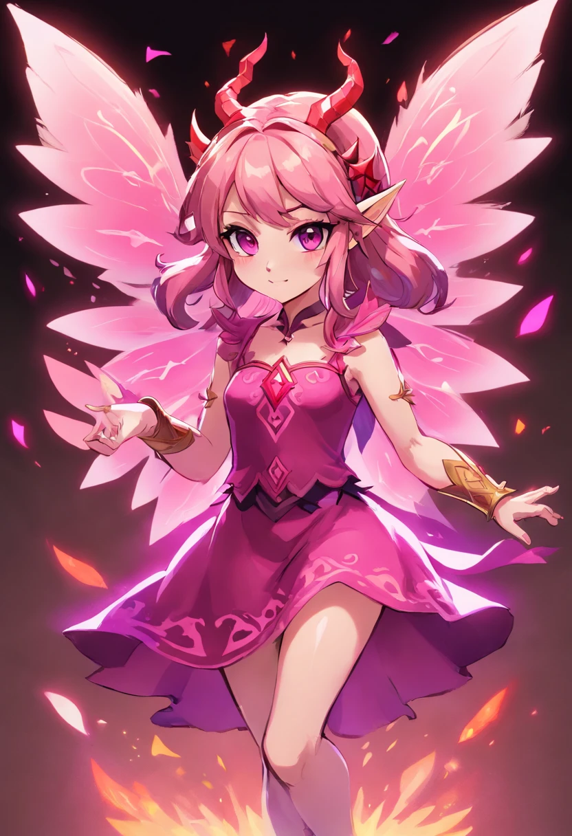 Fairy, devil-like with devil wings, all pinks and purples with glowing red eyes, masterpiece, best quality