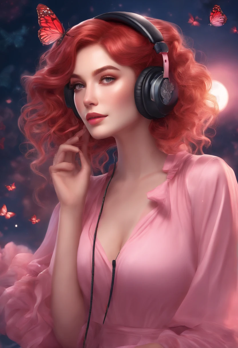 (anime style) woman rounded face, medium length curly red hair, headphones, microphone, on a podcast, background with butterflies moon incense and crystals, romantic style pink outfit
