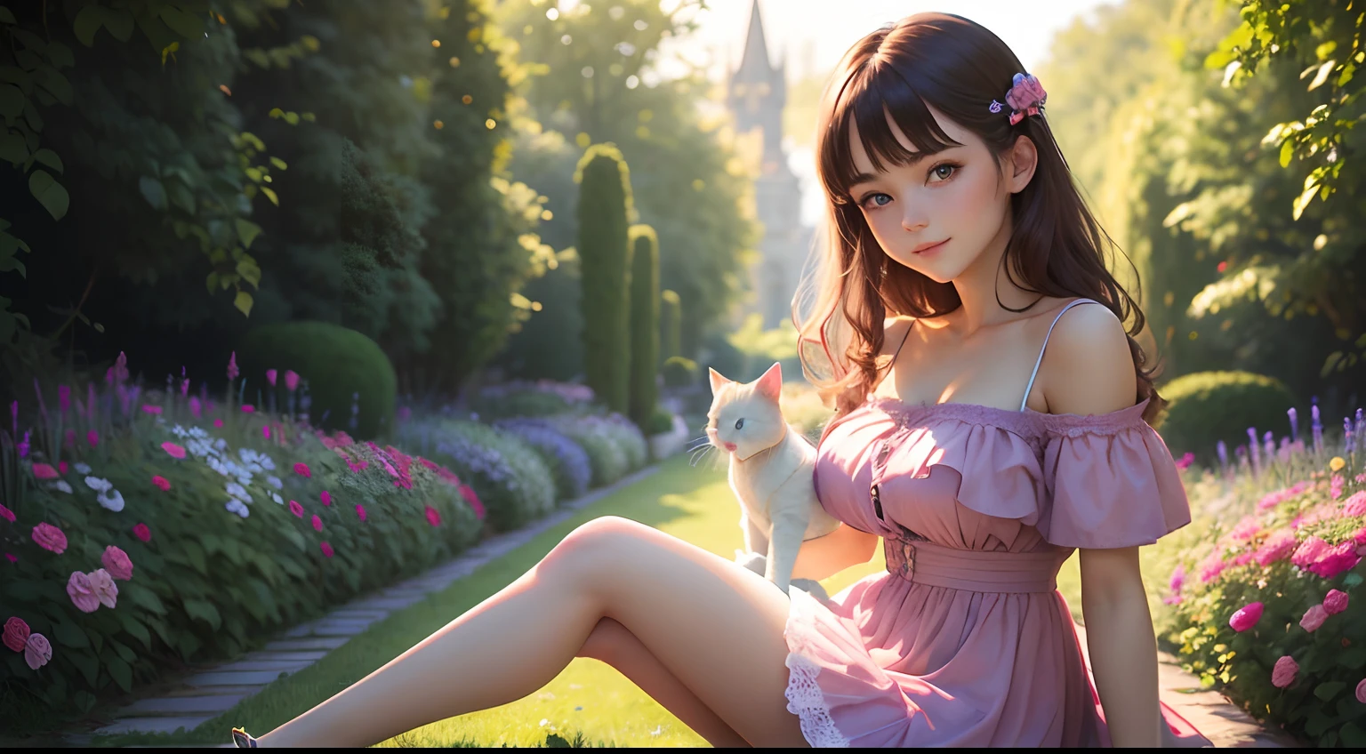 A gorgeous woman in a light colorful summer dress, playing in a field of flowers with her lively cat, cute antics, adorable scenes, mischief and fun