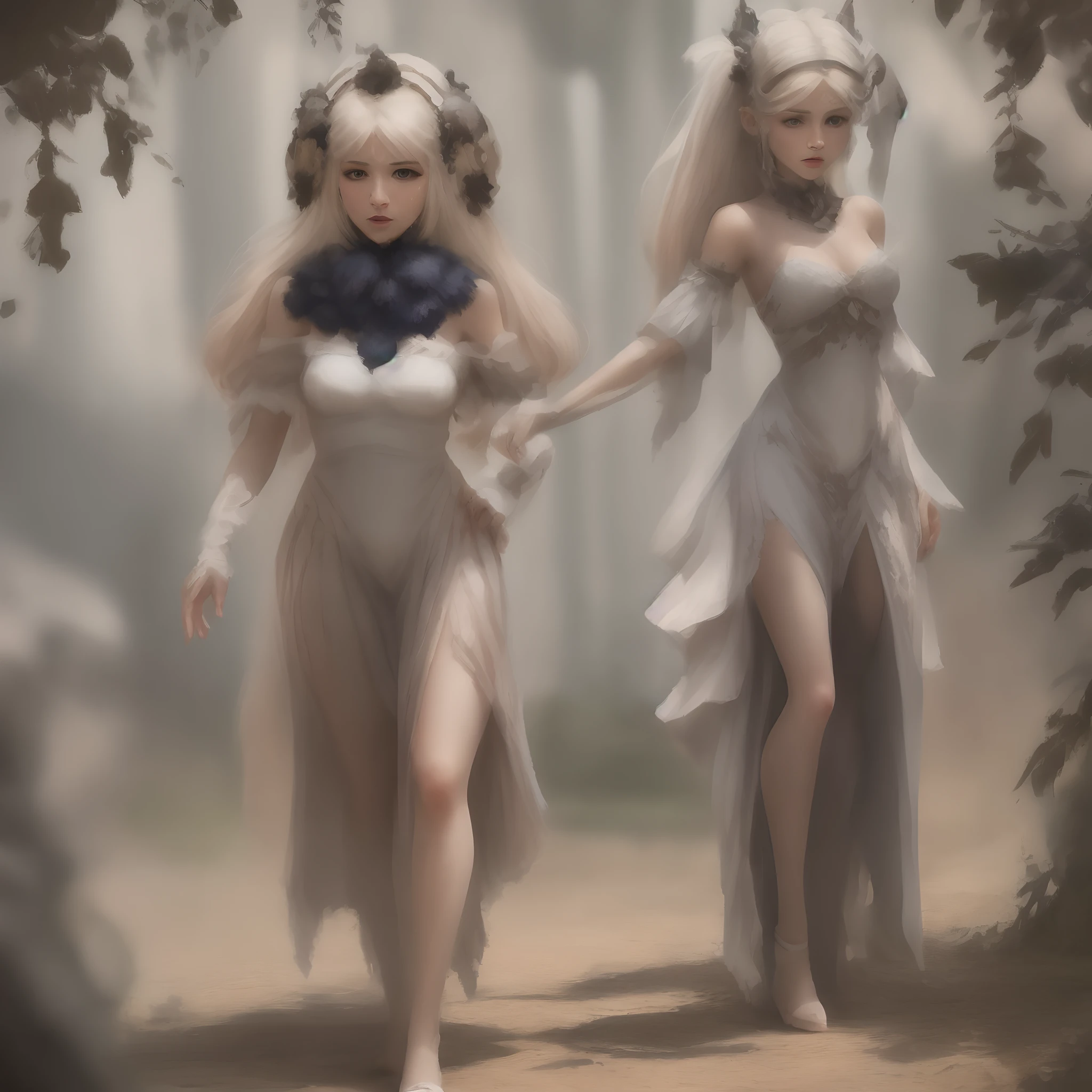 (((david hamilton:1.37))), Perfect eyes, 18 year old female twins, Real, Best Quality, Photorealistic, masutepiece, 8K, HDTV, (Detailed beautiful Face), (Soft lighting, Bokeh、wide Shots), (light Particle:1.3, Lens Flare, Luminescent particles: 0.6), (Dynamic Pose: 1.2), Forest Lakeside、(Dark dawn)、morning glow、(florals)、Flower wreath、butterflys、foggy、Strong wind is blowing、(Fantastic atmosphere)、Detailed wet porcelain skin textures、wet thin lace bodysuit、camel toe:1.3、Transparent veil, Standing, (((Full body:1.25))), gigantic cleavage、(Long hair), ((Twin-tailed)), a blond、Gal, ((Floating hair)), Kissing, Seductive smile, Slim skinny body, Luxury,