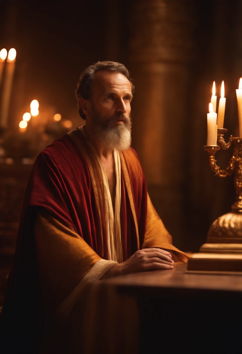 Apostle Paul, short hair, preaching in the synagogue, sacred atmosphere, attentive audience, ancient architecture, religious scriptures, golden lighting, traditional robes, passionate expression, detailed facial features, vibrant colors, realistic portraits, profound wisdom, spiritual connection, historical setting, divine inspiration. (best quality, highres, ultra-detailed), (portrait, religious art, realistic), (vivid colors, warm tones), (soft lighting, sacred ambiance).