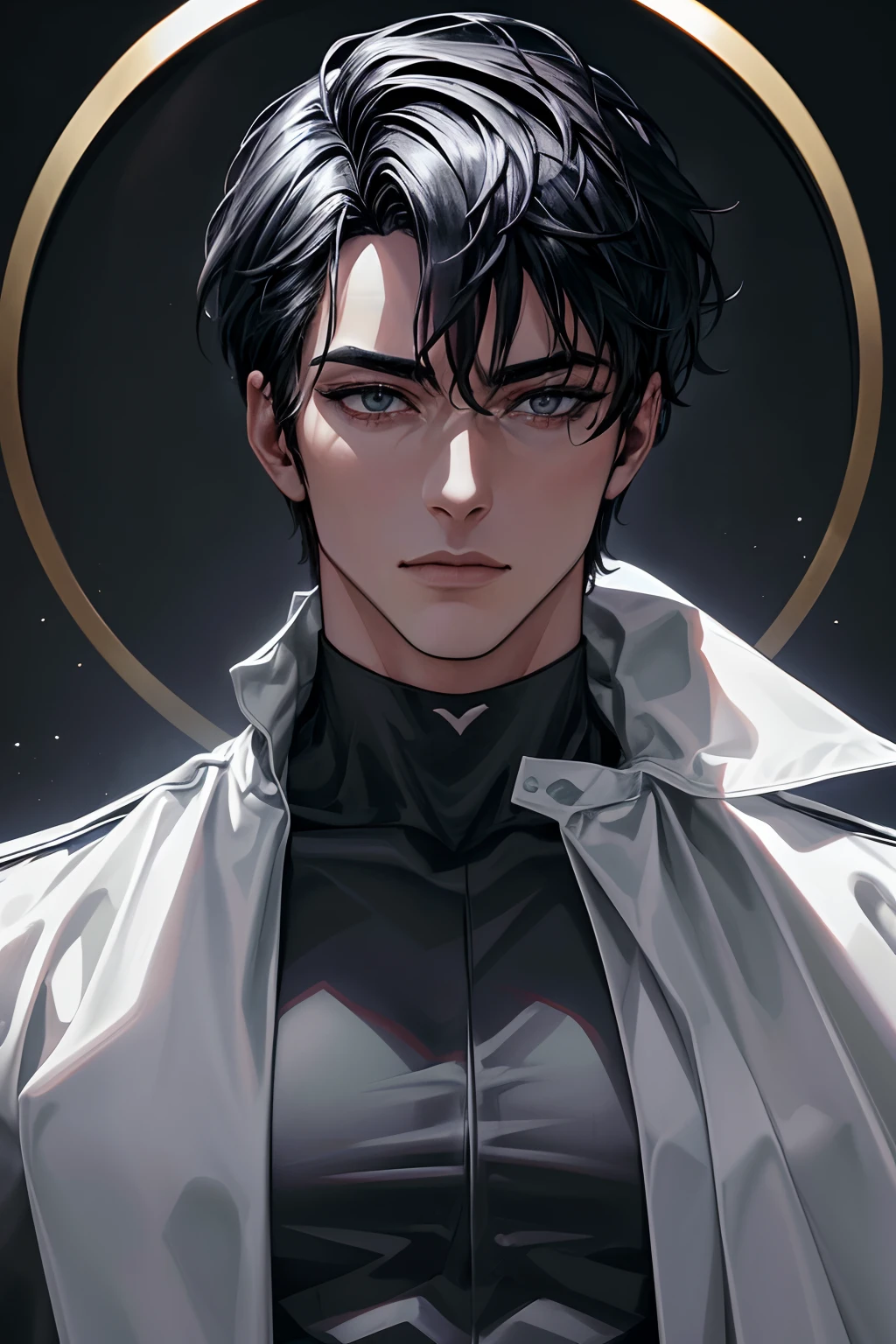 "(La mejor calidad,4k,8k,Altas Resoluciones,obra maestra:1.2),ultra detallado,(realista,fotorrealista,fotorrealista:1.37), Manhwa Art European 25 years old man, piel de marfil, Cabello desordenado cabello negro azabache, penetrantes ojos, Iris gris, Llevar abrigo negro con el logotipo de craneo demoniaco, razor-sharp jawline, mirada penetrante, Cold and mysterious character, cuerpo completo, cuerpo Atletico, 8k, Detailed features, muy guapo, Dreamy look on his face, bright illumination, fondo borroso
