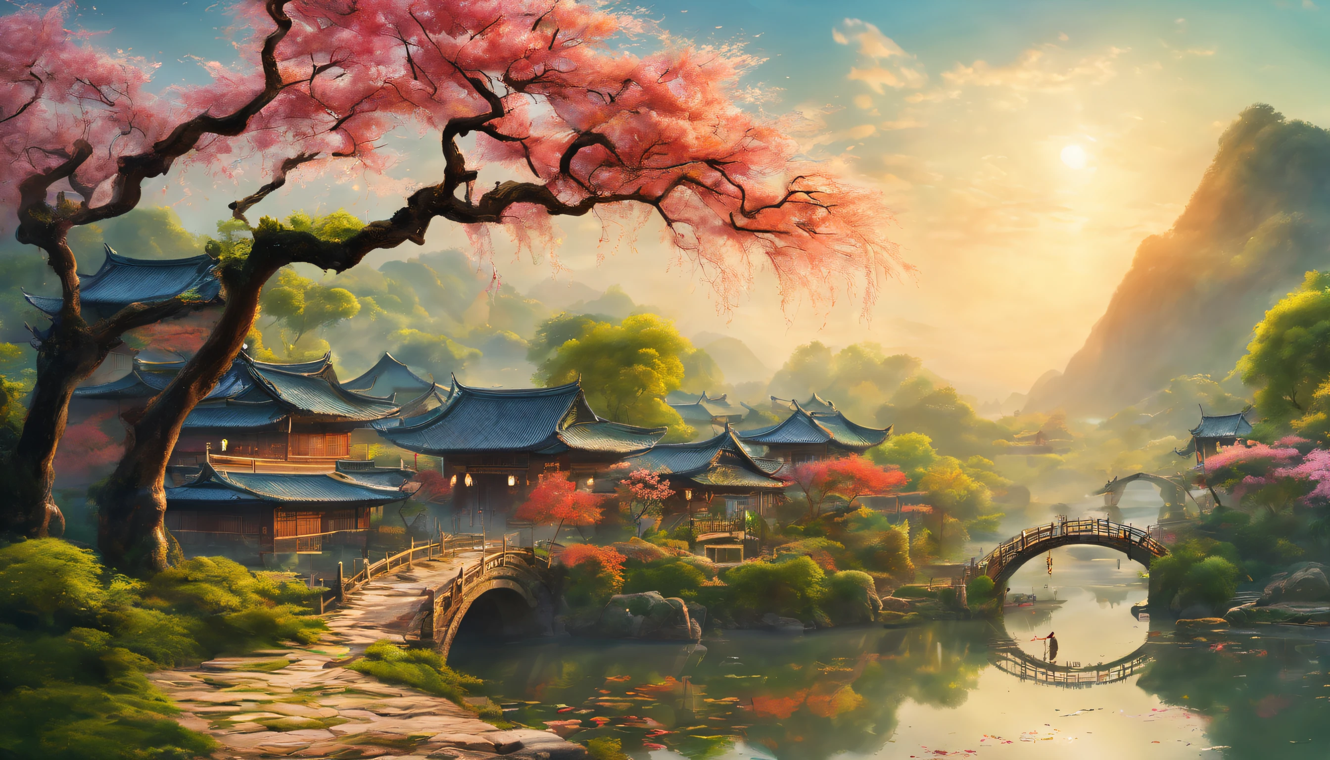 （vibrant with colors），（Semi-realistic），A vibrant riverside scene in ancient China，(Tranquil river water)Show on the(Elegant arch bridge)Oblivity，(Local villagers)'s(Picturesque residence)，（Depicted in the Tang Dynasty：1.1），Vendors selling fresh fish，Peaceful farmland outside the bustling city，（Sunny morning:1.2），（fine brushwork：1.1），Dynamic depiction，Panorama of the water's edge，Authentic atmosphere，Vivid authenticity，mesmerizing charm，Rich picture，8K分辨率