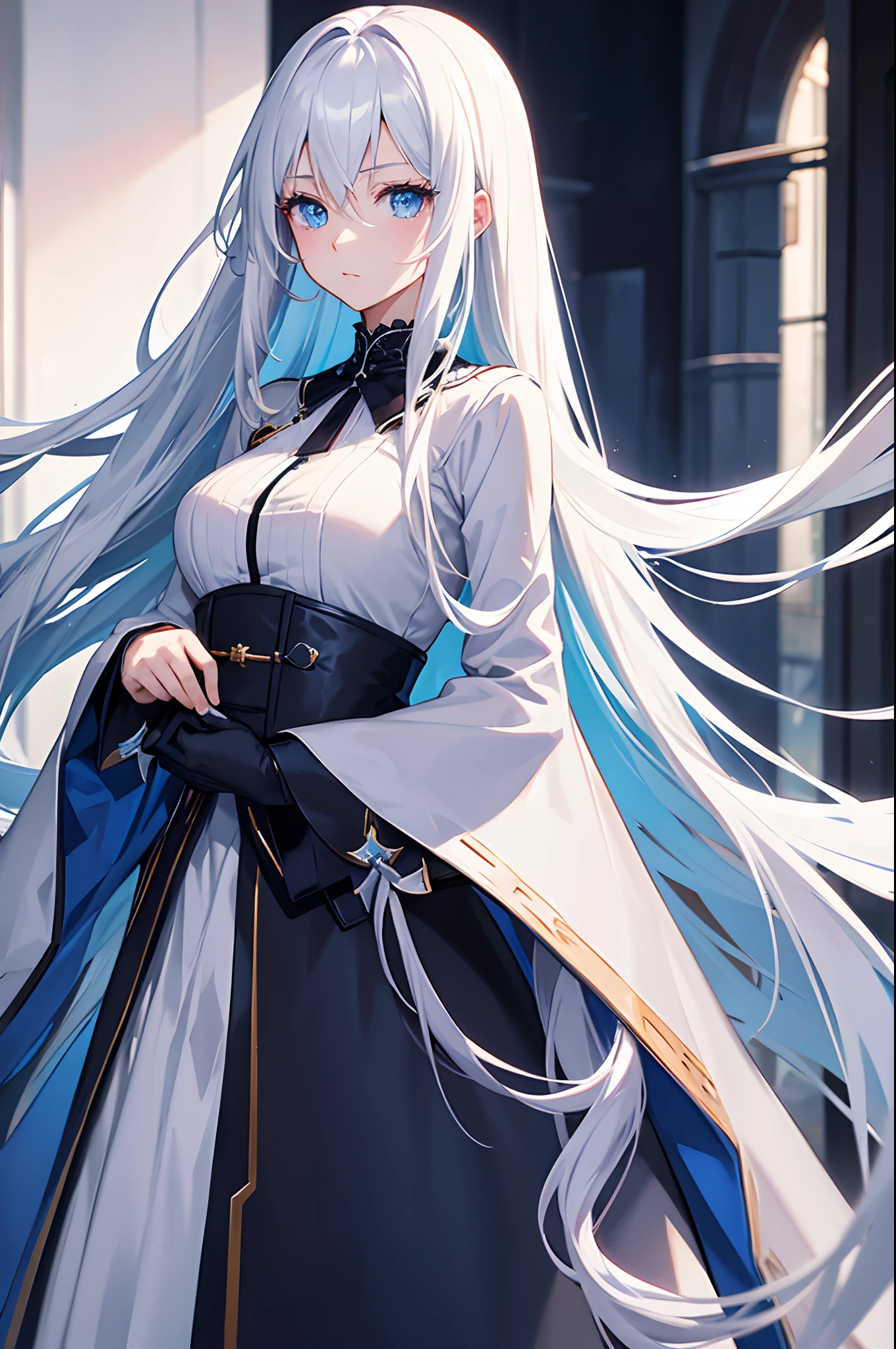 Cover magazine, anime, woman, solo, long hair, white hair, blue eyes, model, beautiful, half body potrait