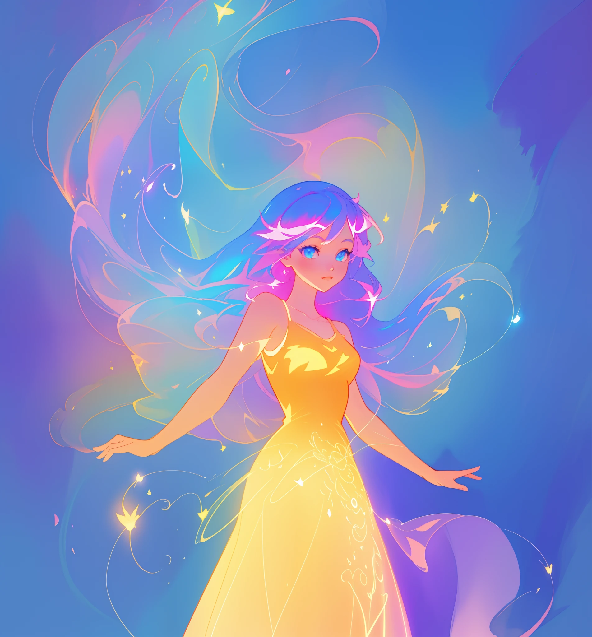 beautiful anime girl in colorful ballgown, vibrant pastel colors, (colorful), magical lights, sparkling liquid light, inspired by Glen Keane, inspired by Lois van Baarle, disney art style, by Lois van Baarle, glowing aura around her, by Glen Keane, jen bartel, glowing lights! digital painting, flowing glowing hair, glowing flowing hair, beautiful digital illustration, fantasia background, whimsical, magical, fantasy, beautiful face, ((masterpiece, best quality)), intricate details, highly detailed, sharp focus, 8k resolution, sparkling detailed eyes, liquid watercolor
