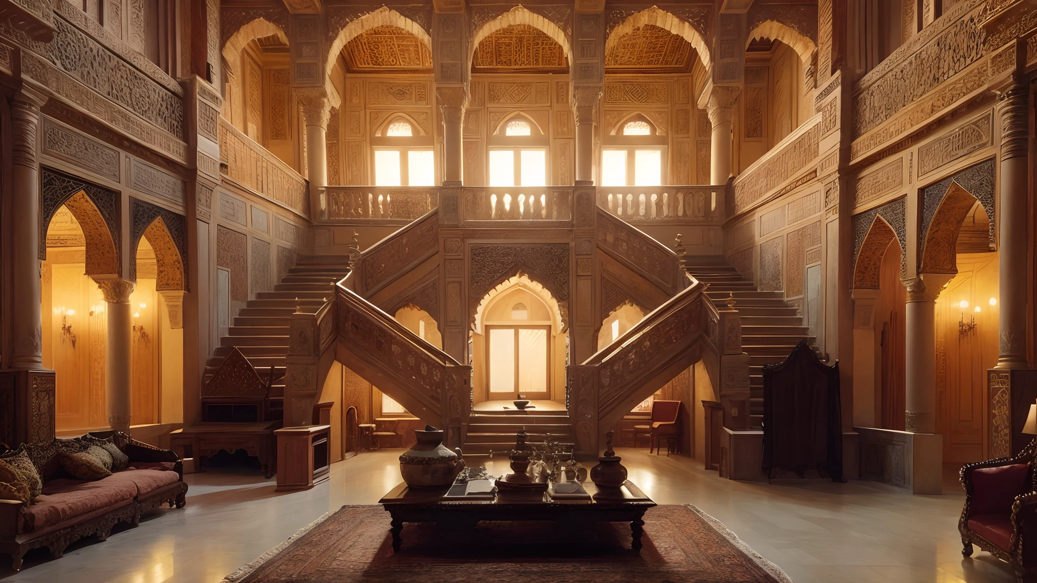 interior view of a mansion in 16th century Arabia, either Basra or Ormuz, very luxurious, building structure like a harem or mosque, building structure with elements of a turkish harem or mosque, orientalism, inside a mansion, interior, rich, grand, stairs, Muslim style, Islamic, elegant, House of Vizier, House of Emir, 16th century, medieval, no people, no word, no wordings, no signature