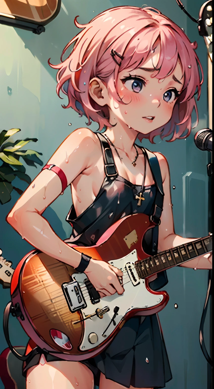 masterpiece, best quality, ultra-detailed, illustration, an extremely delicate and beautiful,high resolution, ultra-detailed,,perfect face,slender perfect body, Tight belly,Toned buttocks,Constricted waist,,(1 girl to band,guitar:1.7), 15yo,(1girl to pink hair), (tattoo),(1girl to very short hair), shy daughter, short stature,(rock and roll star:1.3),(small breasts),(on stage), (band girl), (wet:1.2),((very wide shot )),( sweaty skin:1.2),(low view:1.5)