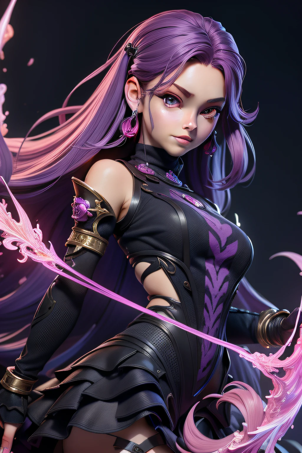 3dmm style,(masterpiece, top quality, best quality, official art, beautiful and aesthetic:1.2), (fractal art:1.3), 2girl, beautiful, high detailed, purple hair with a hint of pink, pink eyes, dark lighting, serious face, looking the sky, sky, medium shot, black sweater, jewelry