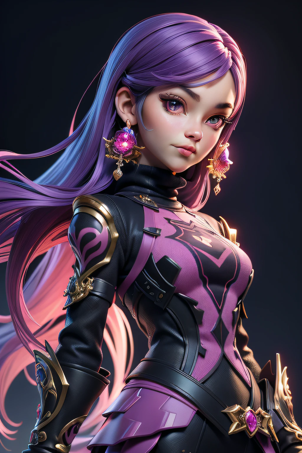 3dmm style,(masterpiece, top quality, best quality, official art, beautiful and aesthetic:1.2), (fractal art:1.3), 2girl, beautiful, high detailed, purple hair with a hint of pink, pink eyes, dark lighting, serious face, looking the sky, sky, medium shot, black sweater, jewelry