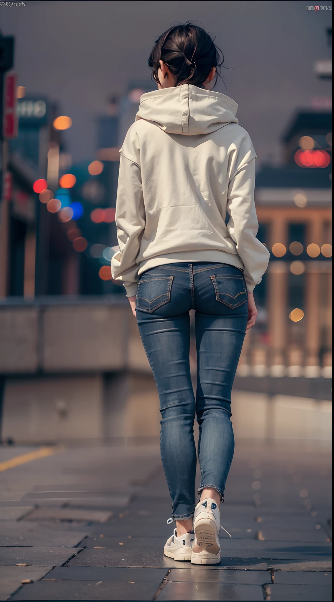 ((facing back)), ((Super close-up of buttocks)), ((Black skinny long jeans)), ((Sweatshirt)), A city scape, (NSFW), 1womanl, Solo, 24 year old, 7headed body, (cute  face), (Ideal ratio body proportions), (Composition from head to thigh), Smiling smile, erectile nipple, Sexy body, Wet, short-hair, Dark hair, small tits, A slender, Small buttocks, beauty legs, Skinny Legs, surrealism, Cinematic lighting, depth of fields, One-person viewpoint, F/1.8, 135 mm, nffsw, masutepiece, ccurate, ((Anatomically correct)), Textured skin, Super Detail, high details, High quality, awardwinning, Best Quality, hight resolution, 8K