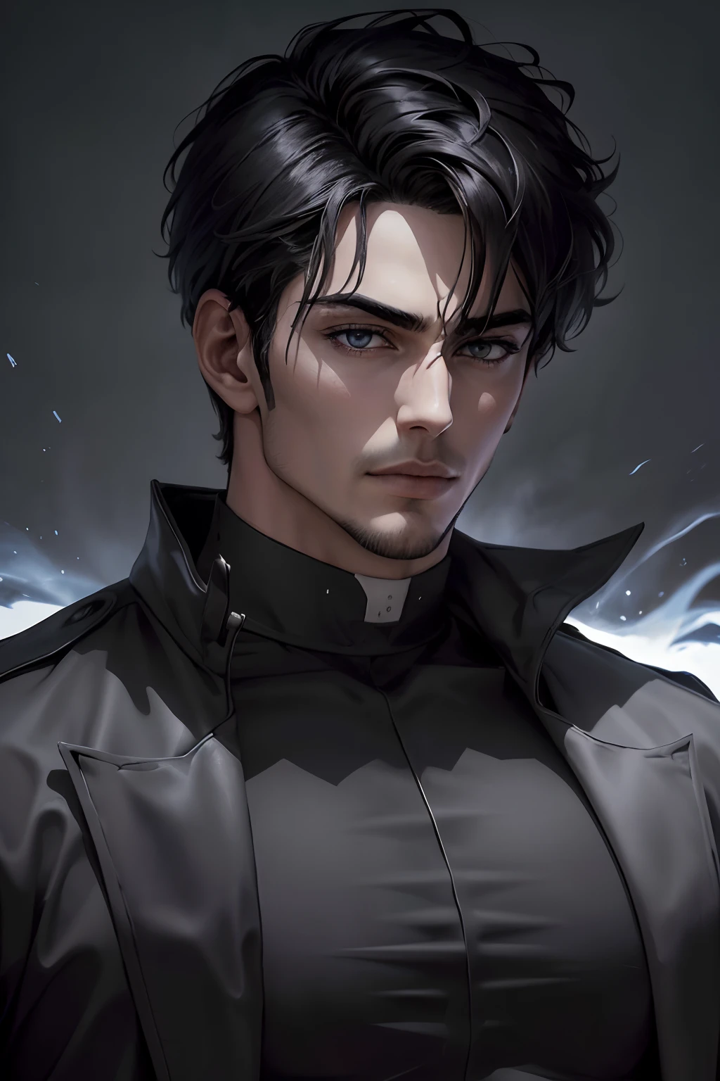 "(La mejor calidad,4k,8k,Altas Resoluciones,obra maestra:1.2),ultra detallado,(realista,fotorrealista,fotorrealista:1.37), Manhwa Art European 25 years old man, piel de marfil, Cabello desordenado cabello negro azabache, penetrantes ojos, Iris gris, Llevar abrigo negro con el logotipo de craneo demoniaco, razor-sharp jawline, mirada penetrante, Cold and mysterious character, cuerpo completo, cuerpo Atletico, 8k, Detailed features, muy guapo, Dreamy look on his face, bright illumination, fondo borroso