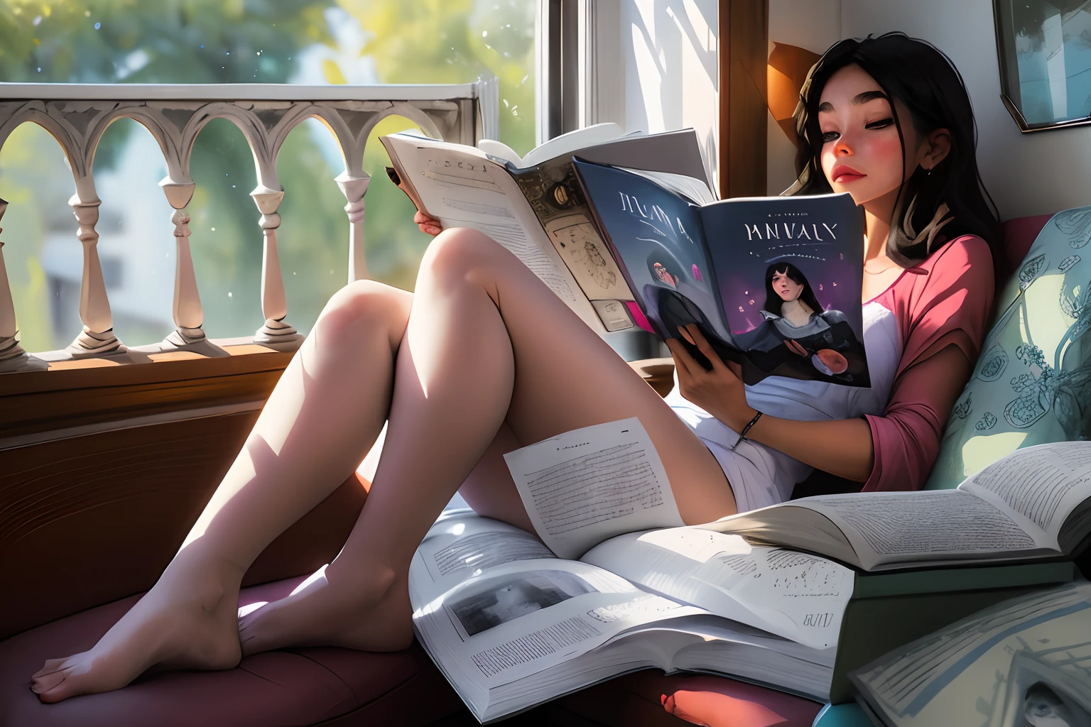 Woman sitting on a sofa reading a book in a room, Hermosa hada del libro para adultos, Dramatic reading book pose, Dramatic Reading Spellbook Posture, Leer un libro, Lectura de un nuevo libro, Plano amplio del libro de cuentos :: Disco duro, Luz matutina de verano, Toma de retrato, medias blancas, the girl on a windowsill, Mid-morning lighting, romantic storybook fantasy, Detailed and fantasy