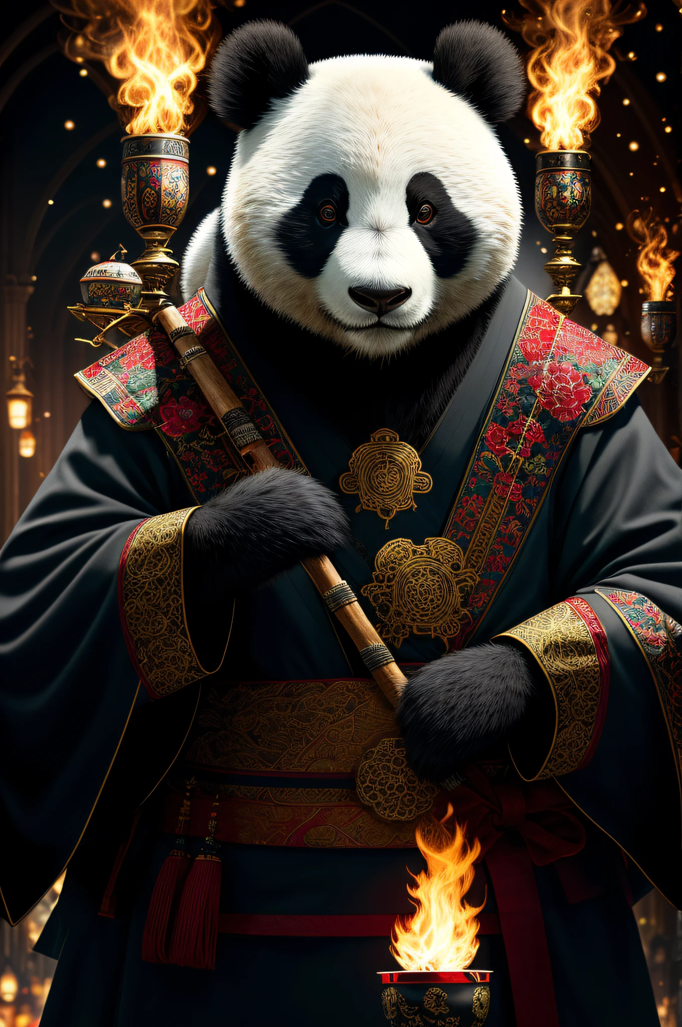 extremely detailed 8k wallpaper), intricate, richly detailed, dramatic, Panda bear with white kimono, ready for combat, Sinister face is drawn with only a pair of red eyes peeking underneath, graphics insanely, light is reflected in the ornaments, bright ashes ooze from the torches in the vaulted passage during the leisurely walk through the gloomy cathedral, Show the whole person with some distance from the surroundings