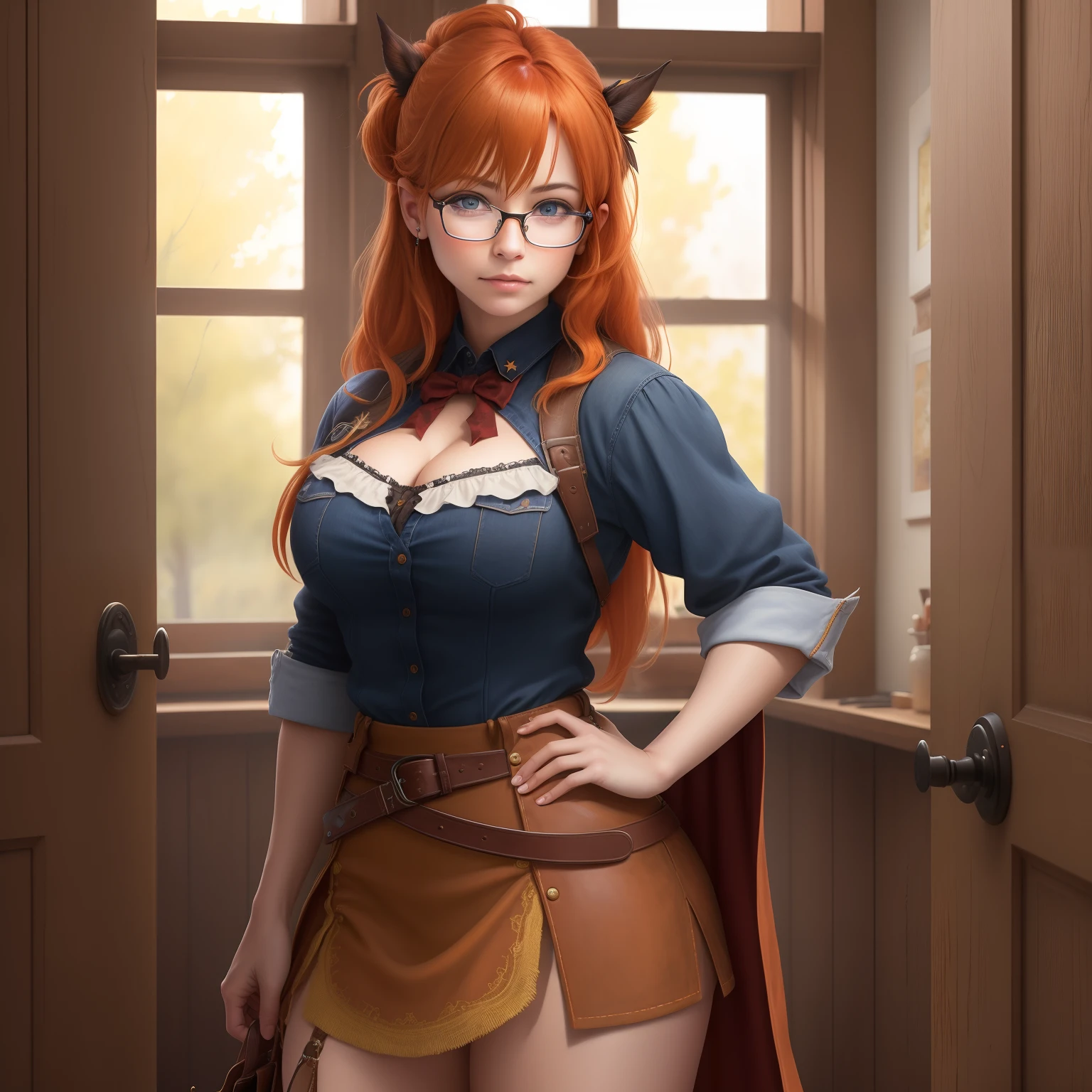 8k, masterpiece, best quality, realistic, higly detailed, cowboy shot, 1girl, solo, itsuki, serious looking girl, medium-length hair, expressive ahoge, reddish-orange hair, a pair of star-shaped hairpins near both of her eyes, dark blue eyes, average height, well-endowed figure, glasses, cute, Patiencer