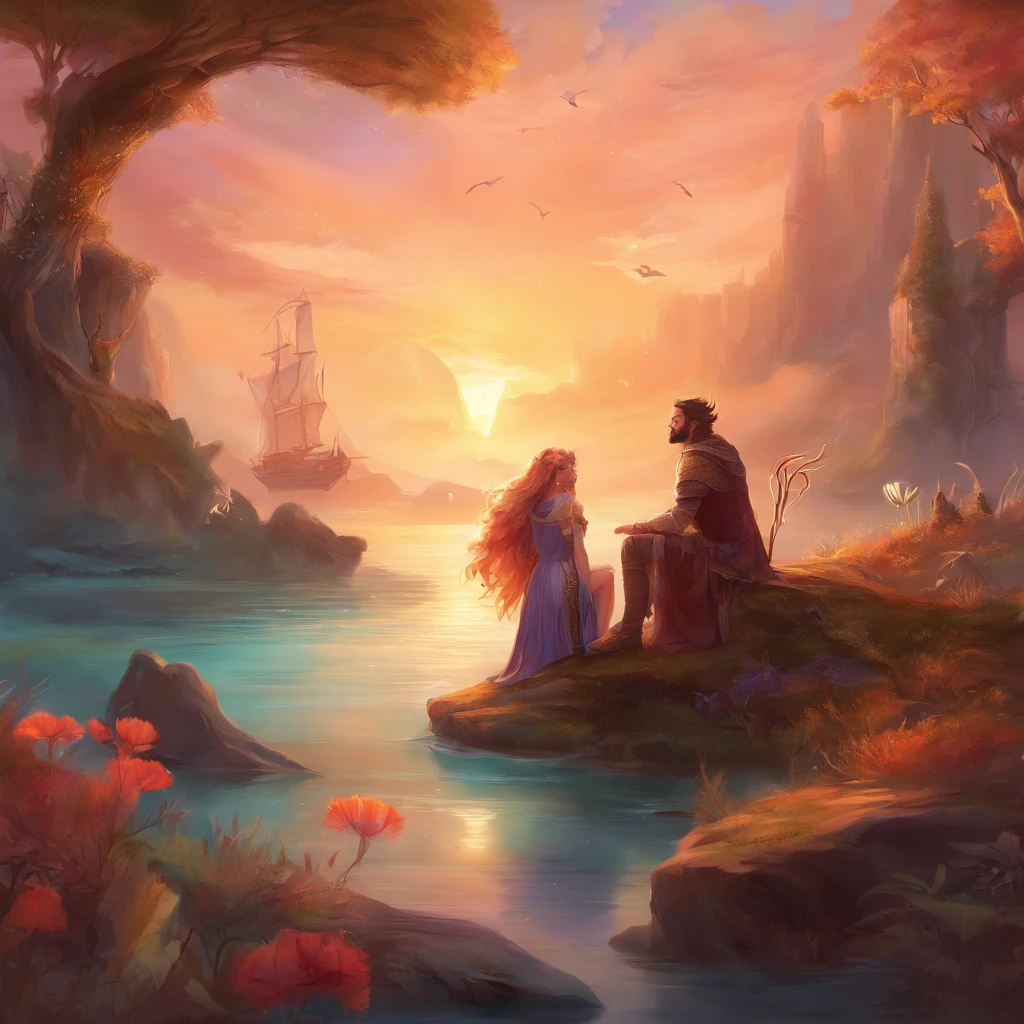 Girl and boy doing podcast , n background there are werewolf , mermaids , fairy , mythological creatures , beautiful ancient landscape , high quality , beautiful