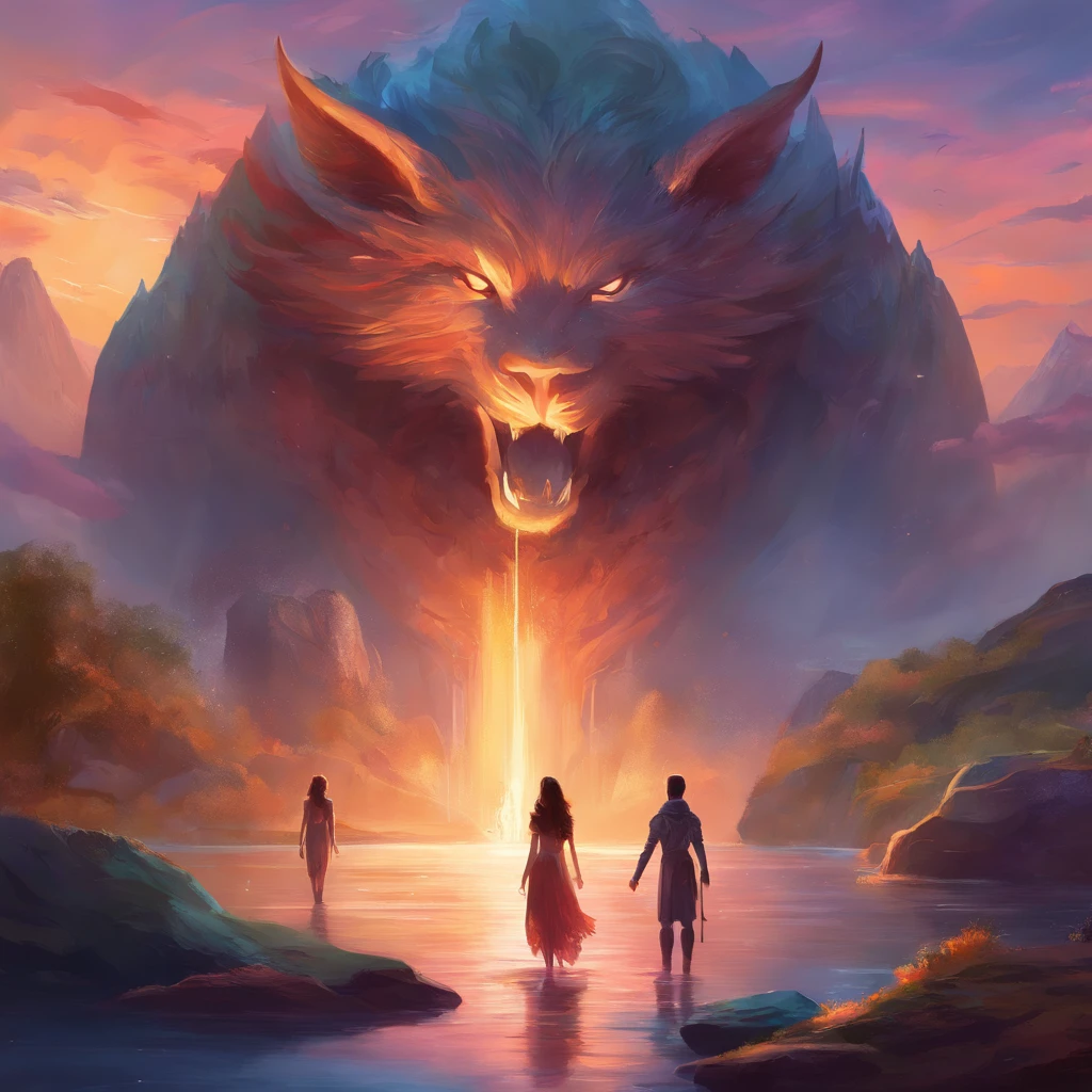 Girl and boy doing podcast , n background there are werewolf , mermaids , fairy , mythological creatures , beautiful ancient landscape , high quality , beautiful