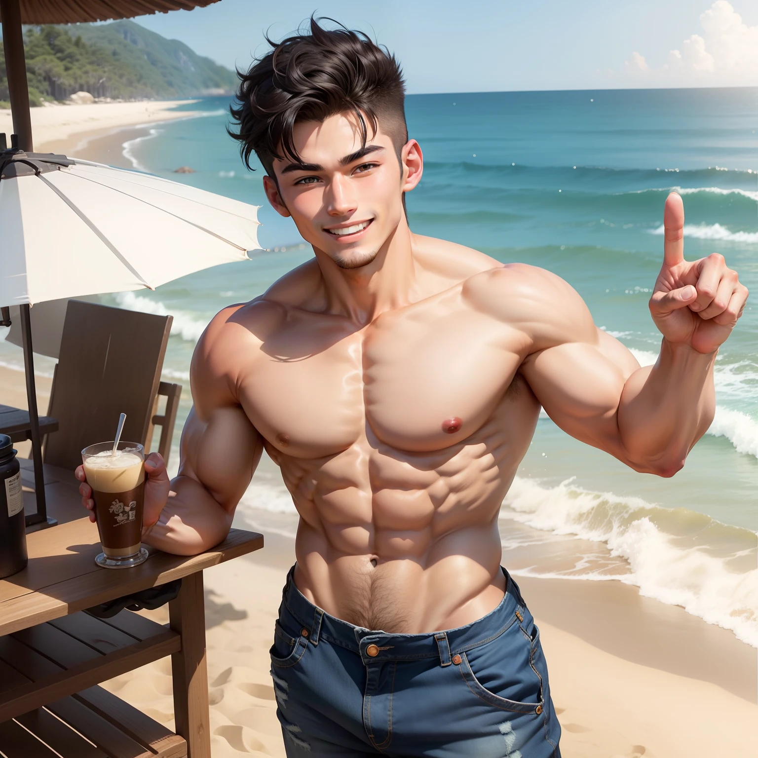 muscular guy A dark-haired Upper body naked Denim pants 20-year-old man Man in the Japan 独奏 1 person sand beach hair loss No hair stand up Upper body naked A smile White teeth Raise one hand V-sign with one hand