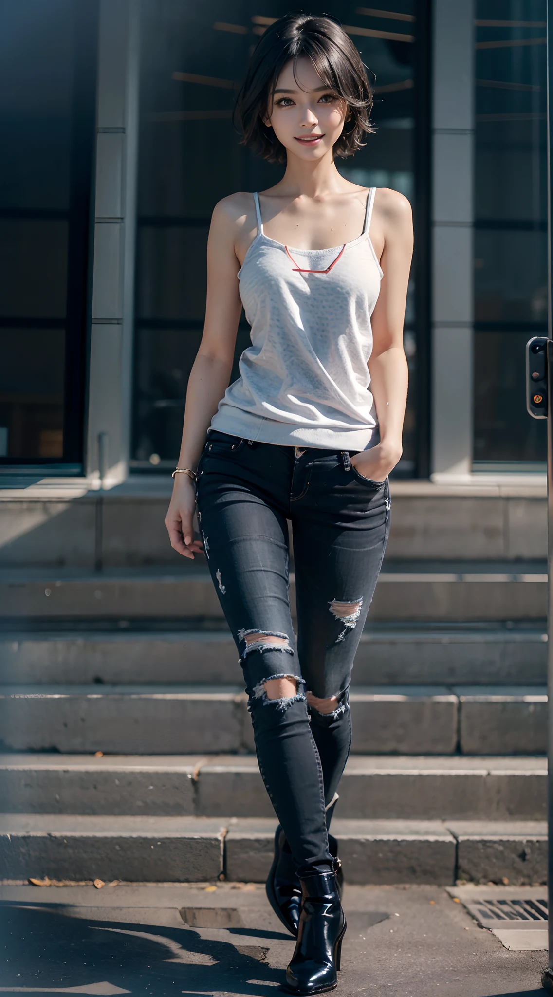 ((Black skinny long jeans)), ((Sweatshirt)), A city scape, (The FW), 1womanl, Solo, 24 year old, 7headed body, (cute face), (Ideal ratio body proportions), (Composition from head to thigh), Smiling smile, erectile nipple, Sexy body, Wet, short-hair, Dark hair, small tits, A slender, Small buttocks, beauty legs, Skinny Legs, surrealism, Cinematic lighting, depth of fields, One-person viewpoint, F/1.8, 135 mm, nffsw, masutepiece, ccurate, ((Anatomically correct)), Textured skin, Super Detail, high details, High quality, awardwinning, Best Quality, hight resolution, 8K