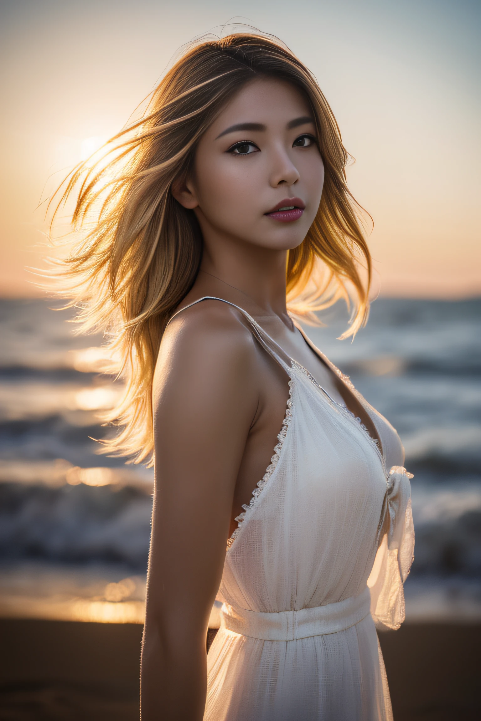 (masterpiece:1.2), ultra detailed, ultra high res, (realistic, photo realistic:1.37), high detail RAW color photo, professional photograph, an extremely delicate and beautiful, extremely detailed, finely detail, huge file size, extremely detailed beautiful girl, extremely detailed face, extremely detailed eyes, extremely detailed skin, extremely detailed nose, extremely detailed mouth, perfect anatomy, highly detailed background, shiny skin, (Japanese famous actress:1.2), (gyaru:1.25), flat chest, (brown race, dark skin, blond hair:1.55), Dynamic lighting, (dynamic pose), (white dress, see-through, gothic style:1.3), Serene ocean, golden sunset, crystal clear water, gentle waves, (full body:1.3),