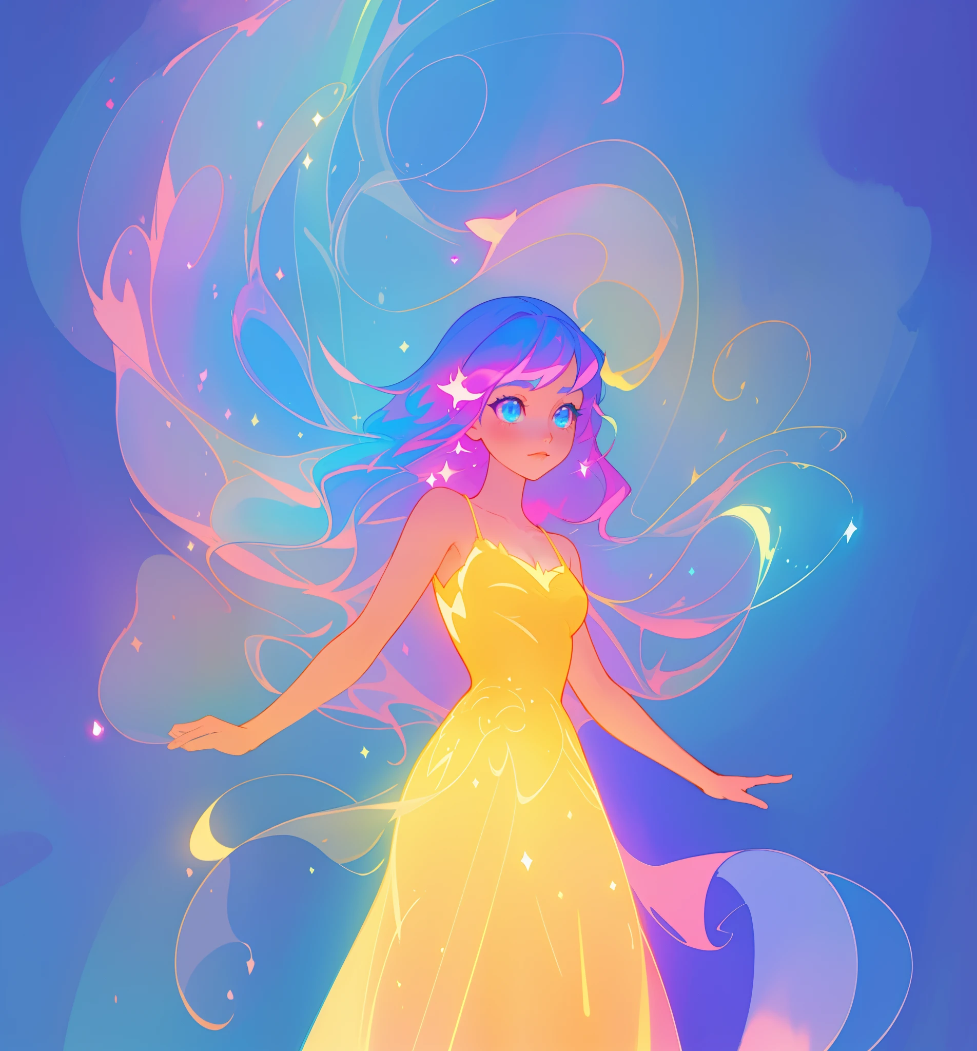 beautiful anime girl in colorful ballgown, vibrant pastel colors, (colorful), magical lights, sparkling liquid light, inspired by Glen Keane, inspired by Lois van Baarle, disney art style, by Lois van Baarle, glowing aura around her, by Glen Keane, jen bartel, glowing lights! digital painting, flowing glowing hair, glowing flowing hair, beautiful digital illustration, fantasia background, whimsical, magical, fantasy, beautiful face, ((masterpiece, best quality)), intricate details, highly detailed, sharp focus, 8k resolution, sparkling detailed eyes, liquid watercolor