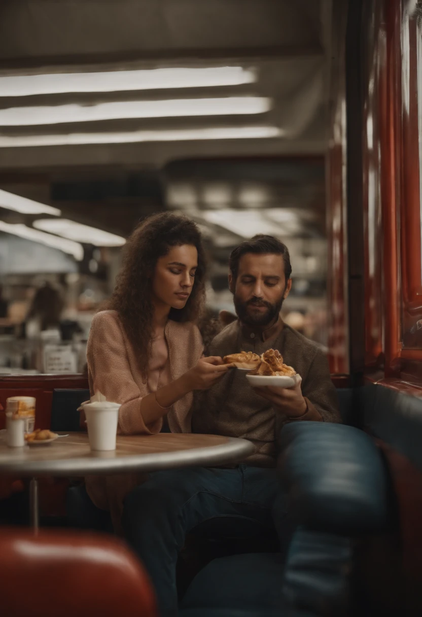 un homme marocain bel homme avec une fille travaillent dans un fast food type new age