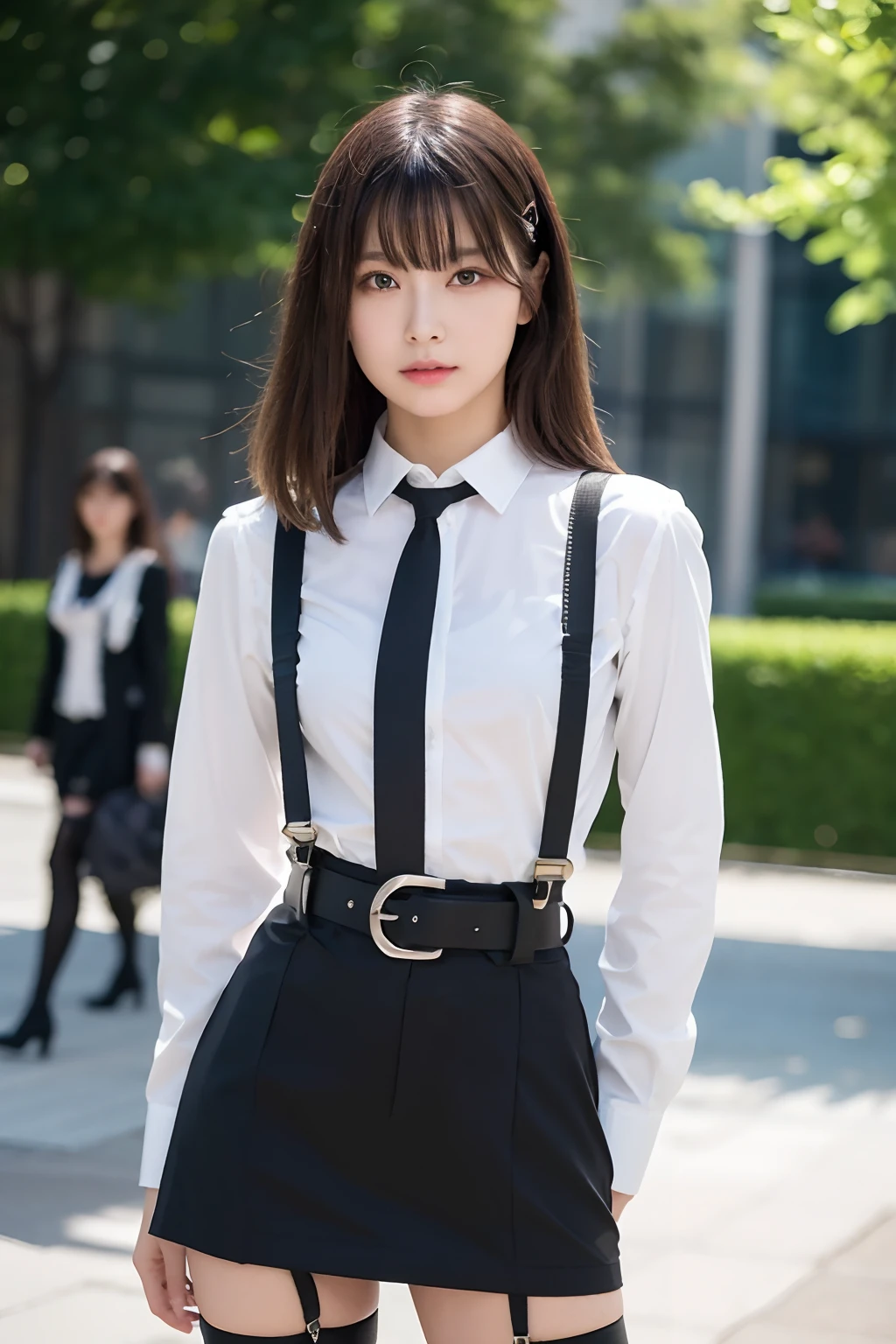 masterpiece、top-quality、The ultra -The high-definition、、colourfull、flat-colors、depth of fields、lens flare 1 girl、、A dark-haired、watching at viewers suits Cutter shirt a belt suspenders working adults materia OL Black Suit Black jacket glares huge-breasted a miniskirt garterbelts knee high stockings Black Niso