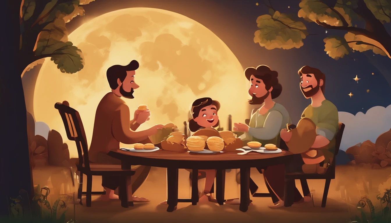 Festival do Meio do Outono, nuvens auspiciosas, Behind the huge moon, Cores quentes, Full Moon And Stars In Sky IllustrationFamily Sits Together Eating Moon Cakes, sorriso no rosto, Tenha na sala de estar、Cena da casa brilhante,rosto e pele extremamente detalhados,cena emocionante,Detalhe perfeito