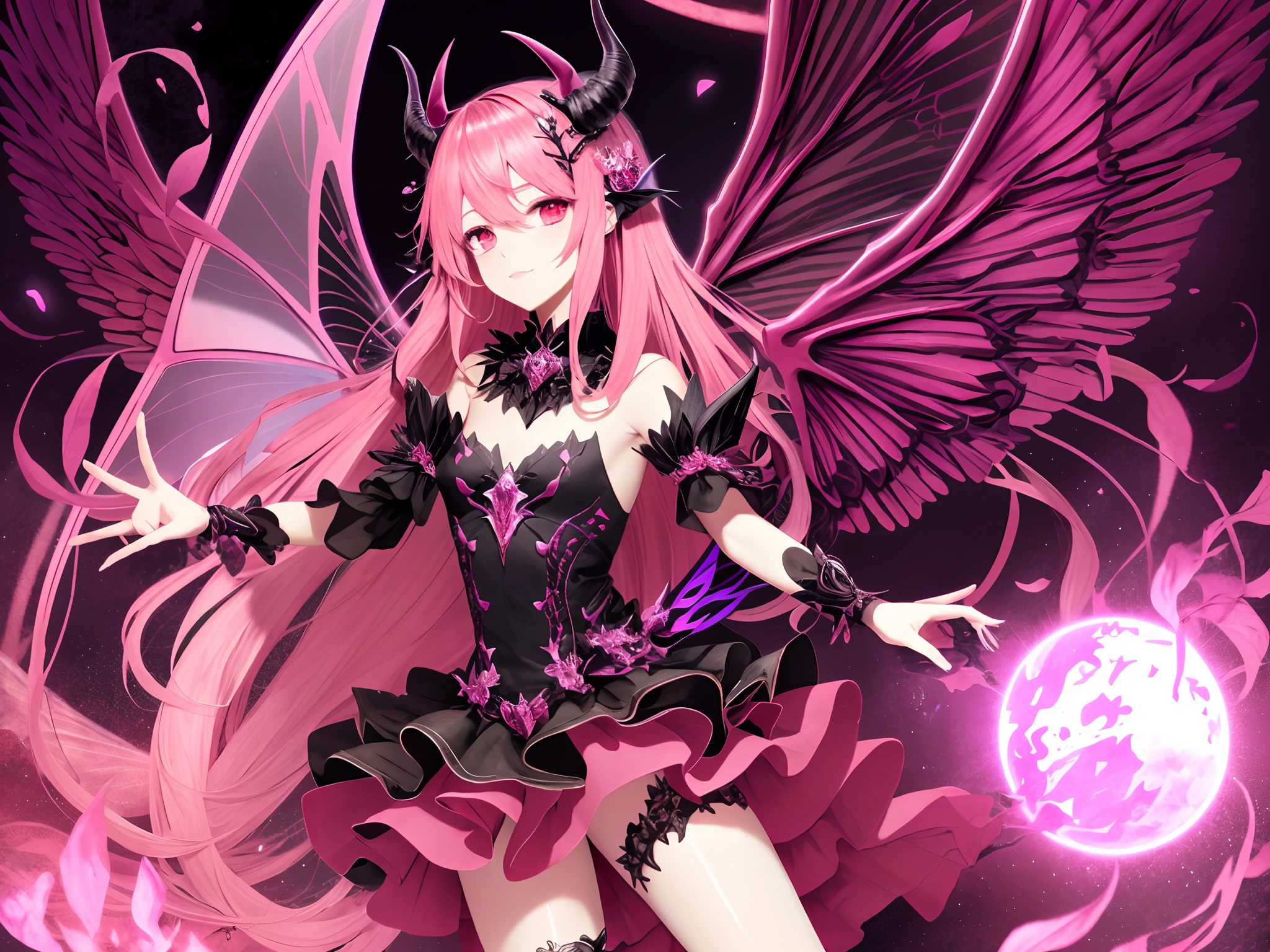 Fairy, devil-like with devil wings, all pinks and purples with glowing red eyes, masterpiece, best quality